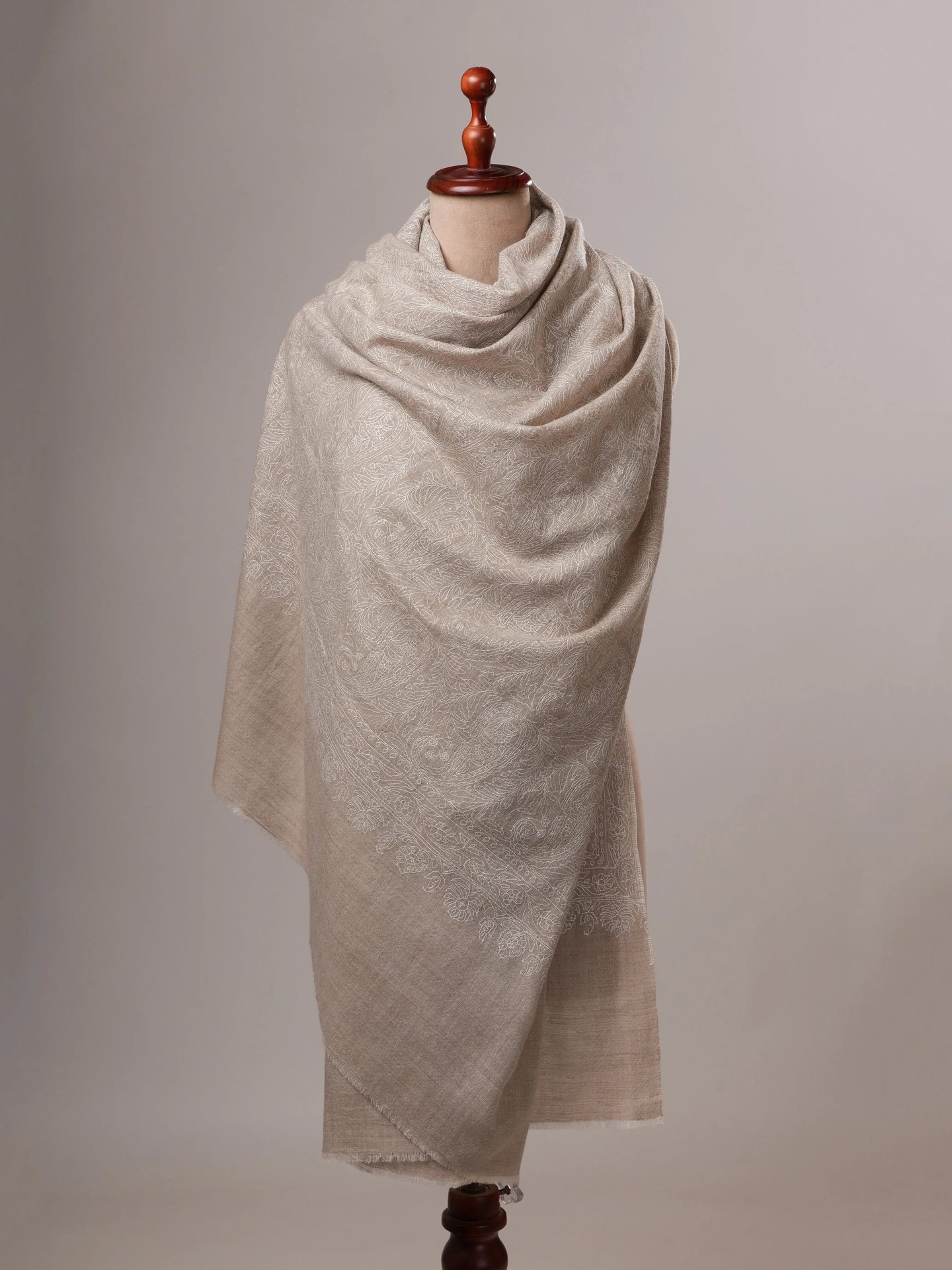 Natural Grey Indian Pashmina Shawl with All-Over White Embroidery Shahkaar
