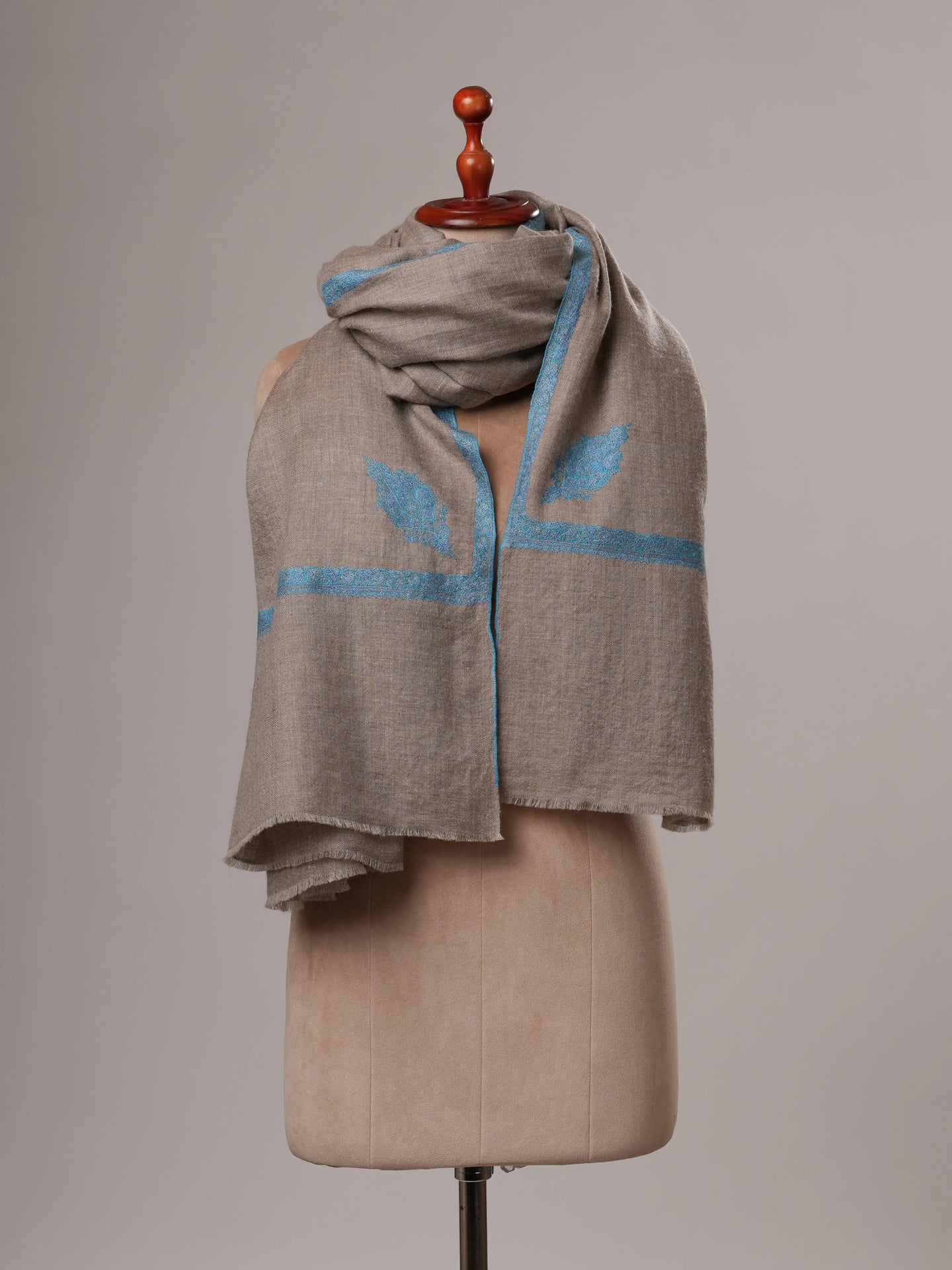 Natural Grey Oversized Pashmina Shawl with Blue Hashia Hand Embroidery Shahkaar