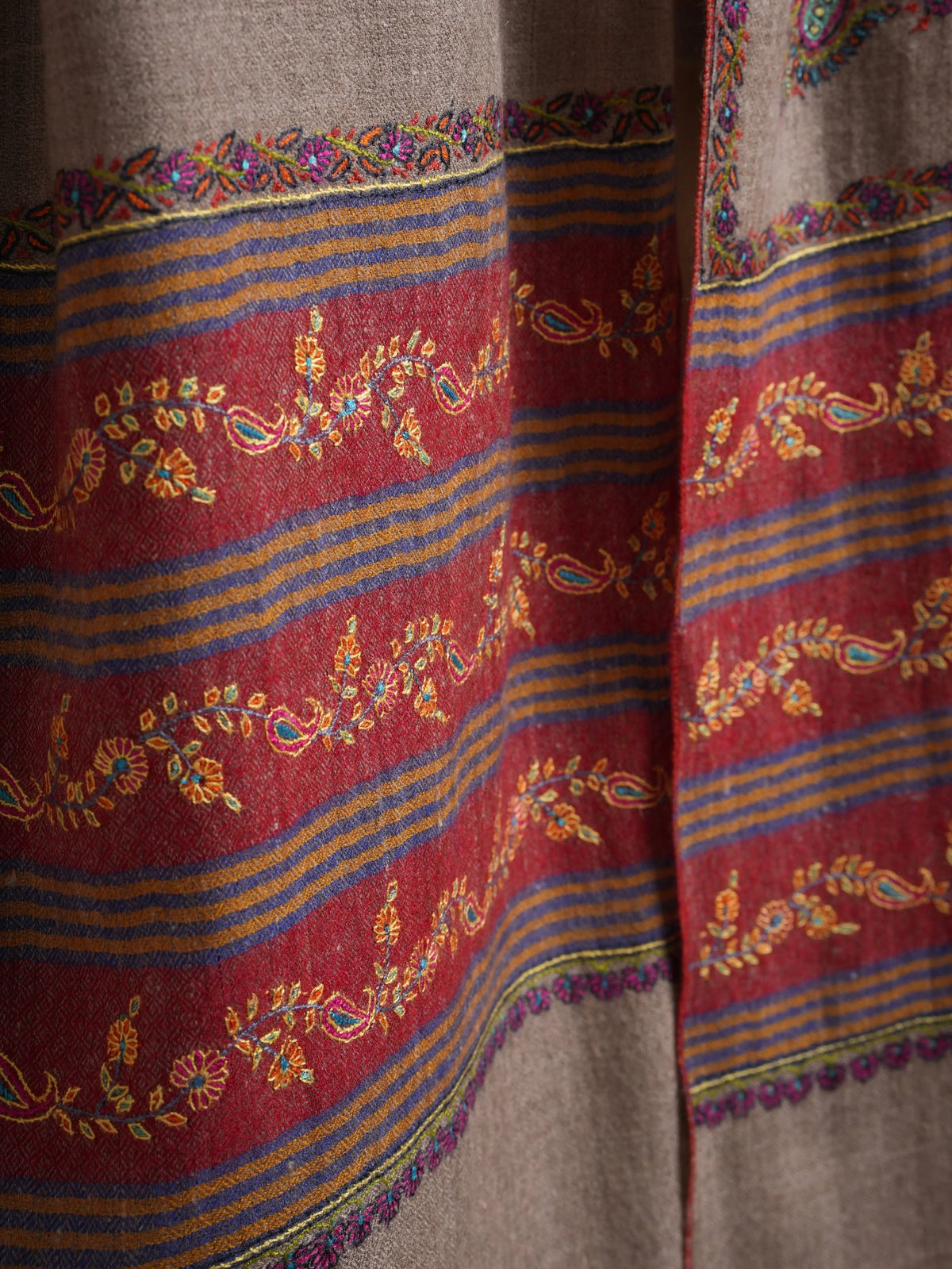 Natural Grey Pashmina Shawl with Contrast Palla Embroidery Shahkaar