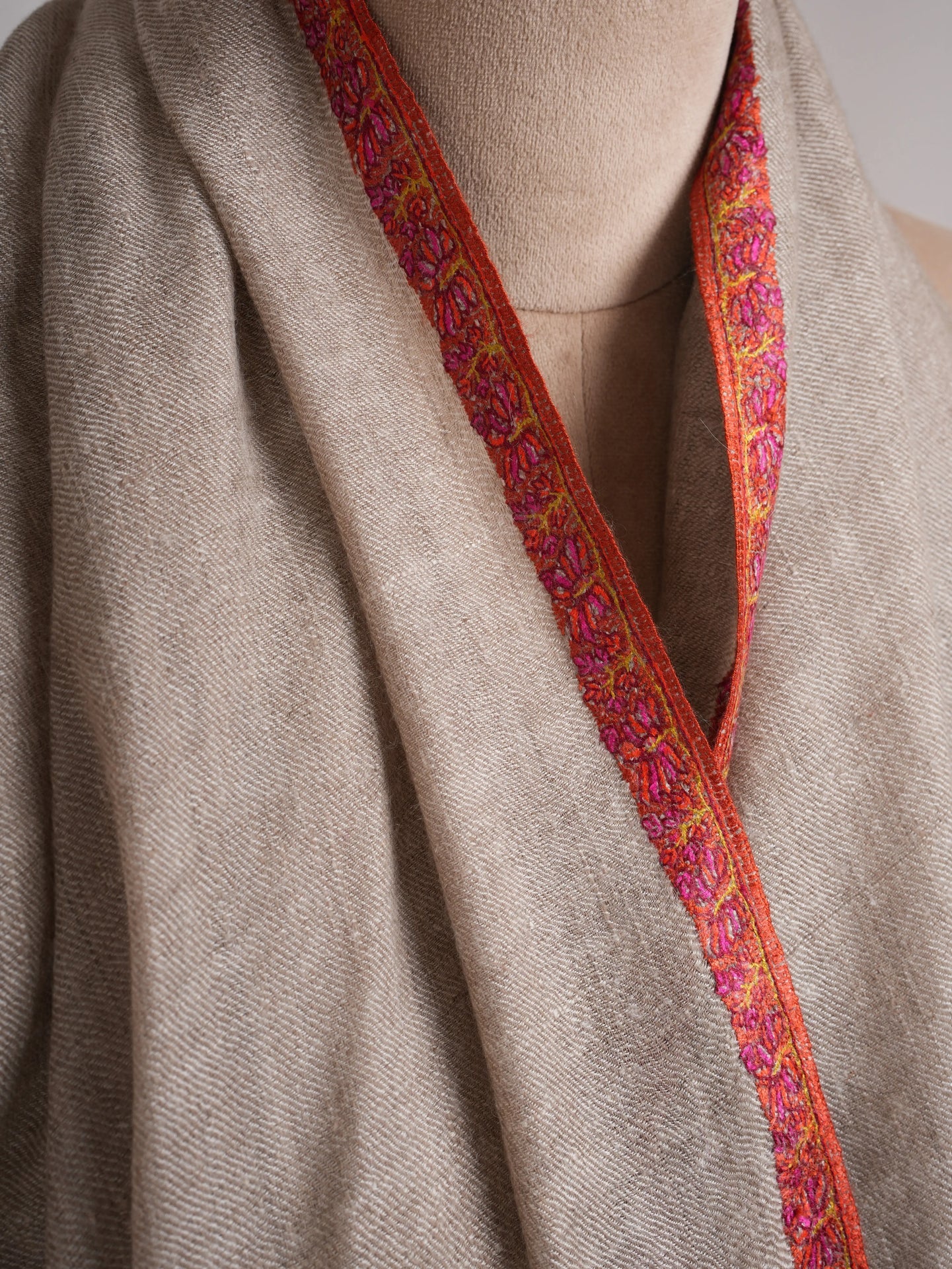 Natural Silver Hashia Hand Embroidered Cashmere Scarf Shahkaar