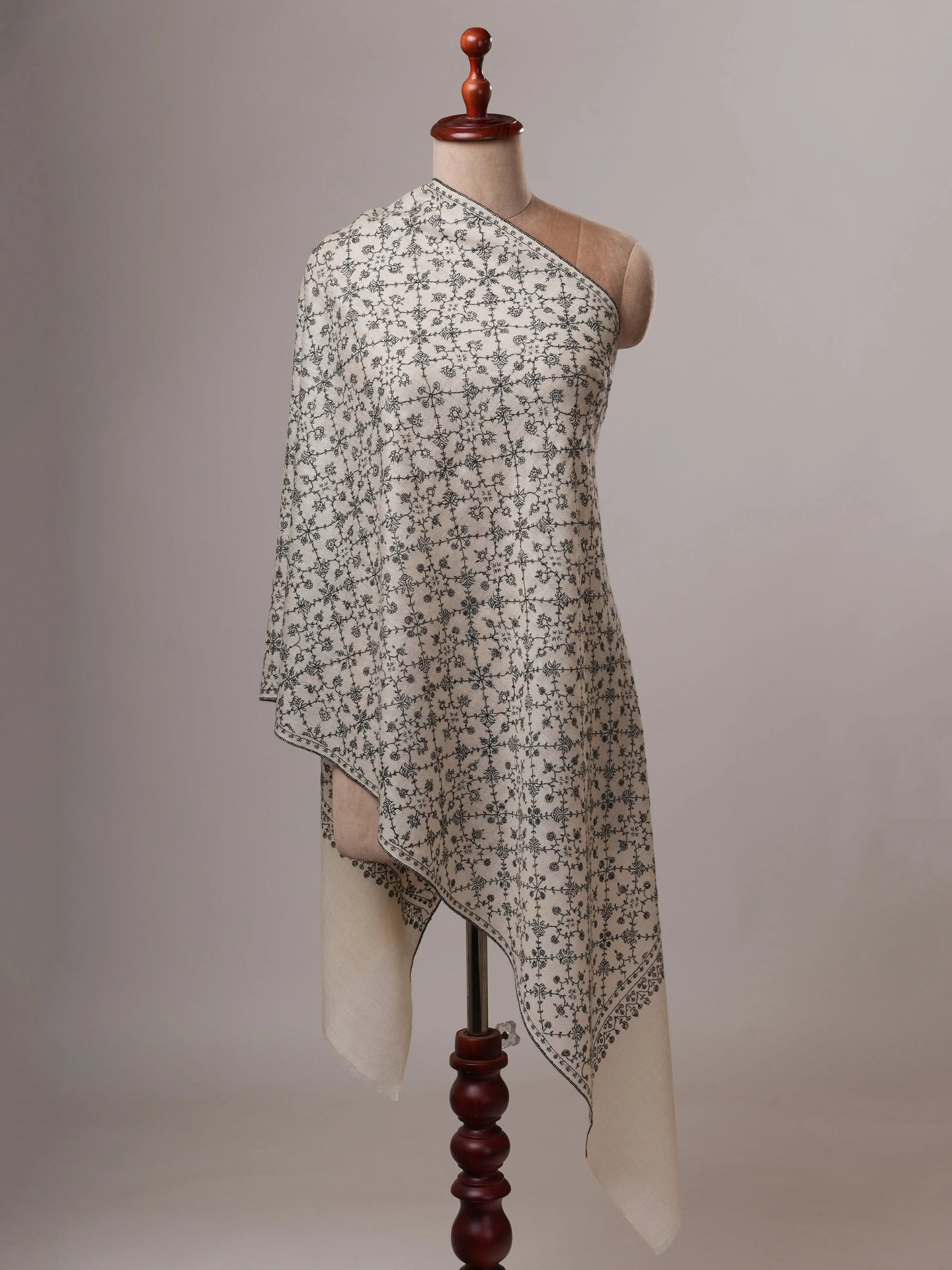 Natural White All Over Neem Jali Handwoven Cashmere Scarf Shahkaar