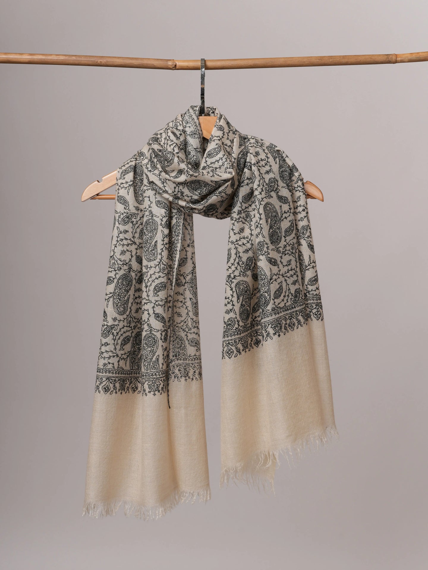 Natural White Cashmere Scarf with All-Over Black Hand Embroidery Shahkaar