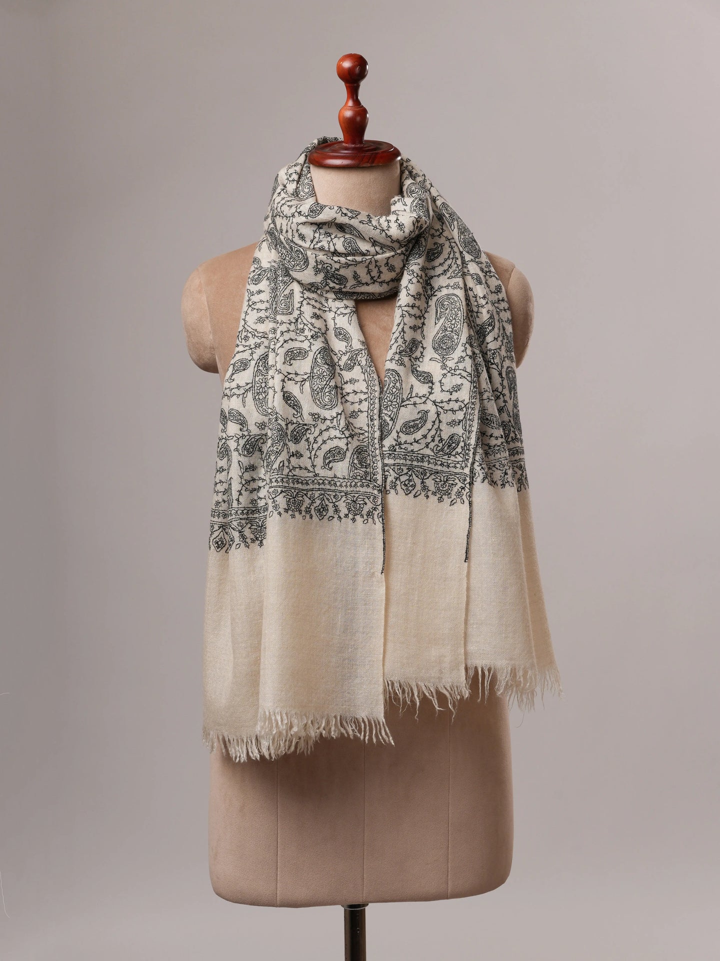 Natural White Cashmere Scarf with All-Over Black Hand Embroidery Shahkaar