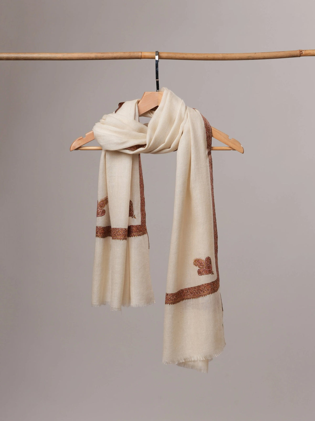 Natural White Cashmere Scarf | Hashia Hand Embroidery with Paisley Motif