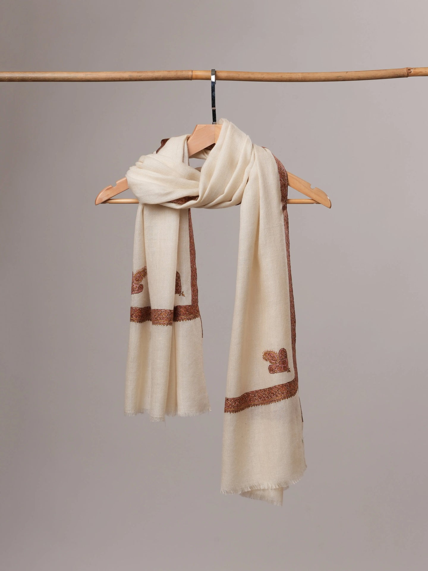 Natural White Cashmere Scarf with Hashia Hand Embroidery & Corner Paisley Shahkaar