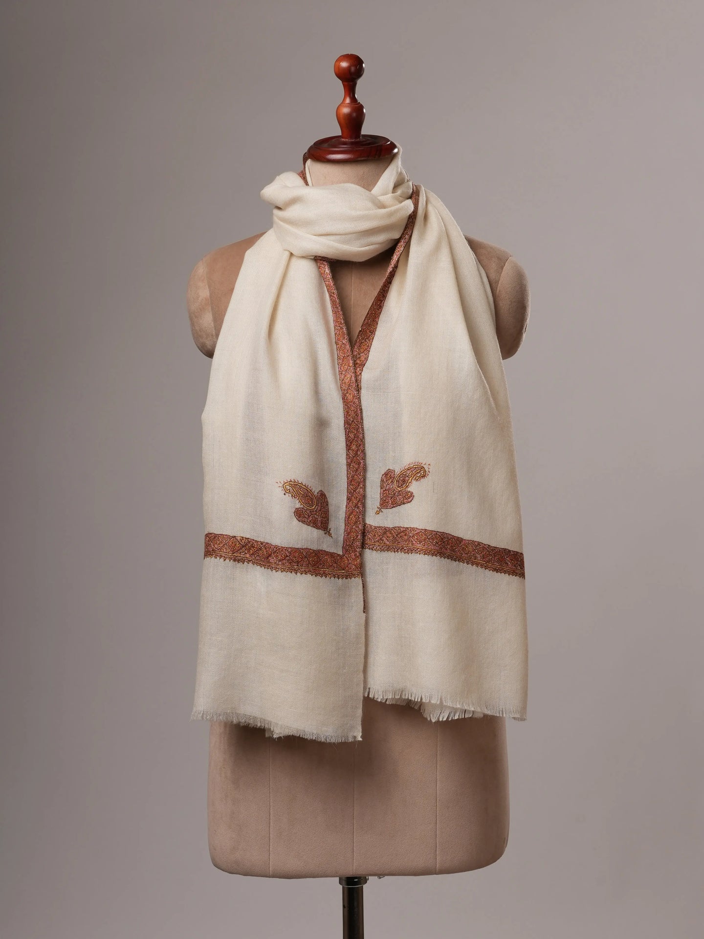 Natural White Cashmere Scarf with Hashia Hand Embroidery & Corner Paisley Shahkaar