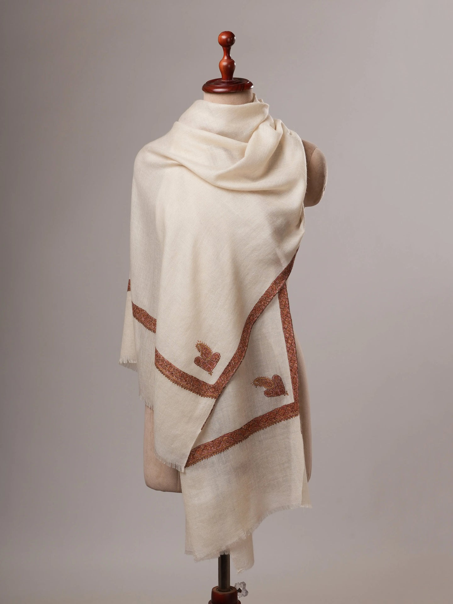 Natural White Cashmere Scarf with Hashia Hand Embroidery & Corner Paisley Shahkaar