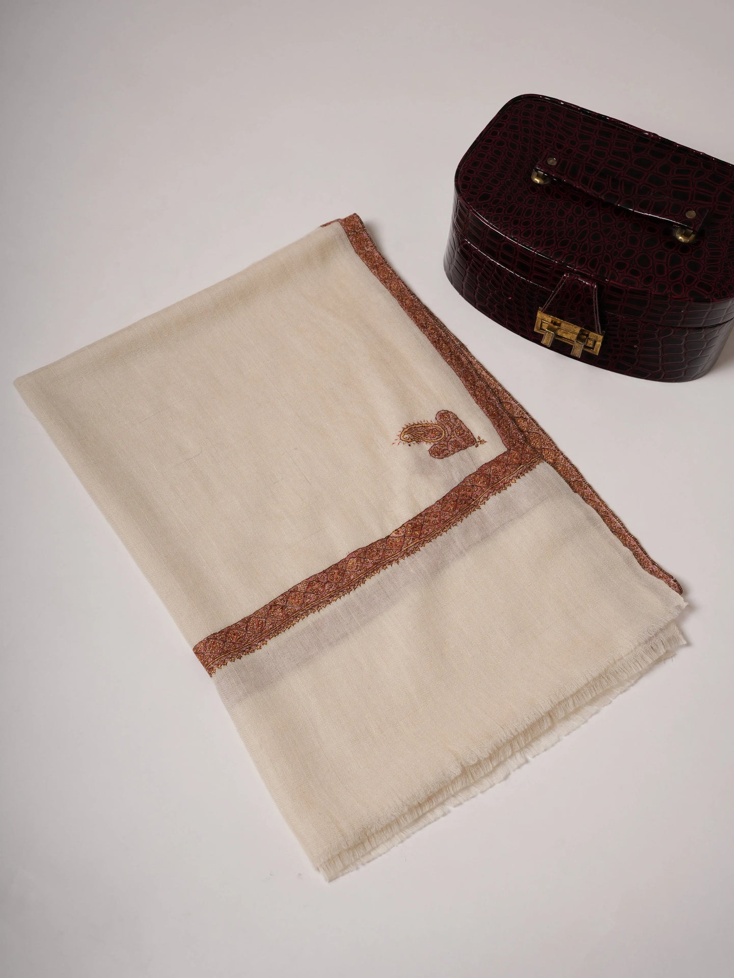 Natural White Cashmere Scarf with Hashia Hand Embroidery & Corner Paisley Shahkaar