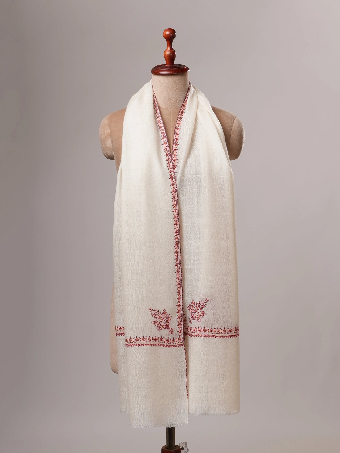 Natural White Cashmere Scarf with Hashia Hand Embroidery & Paisley Corner Motif Shahkaar