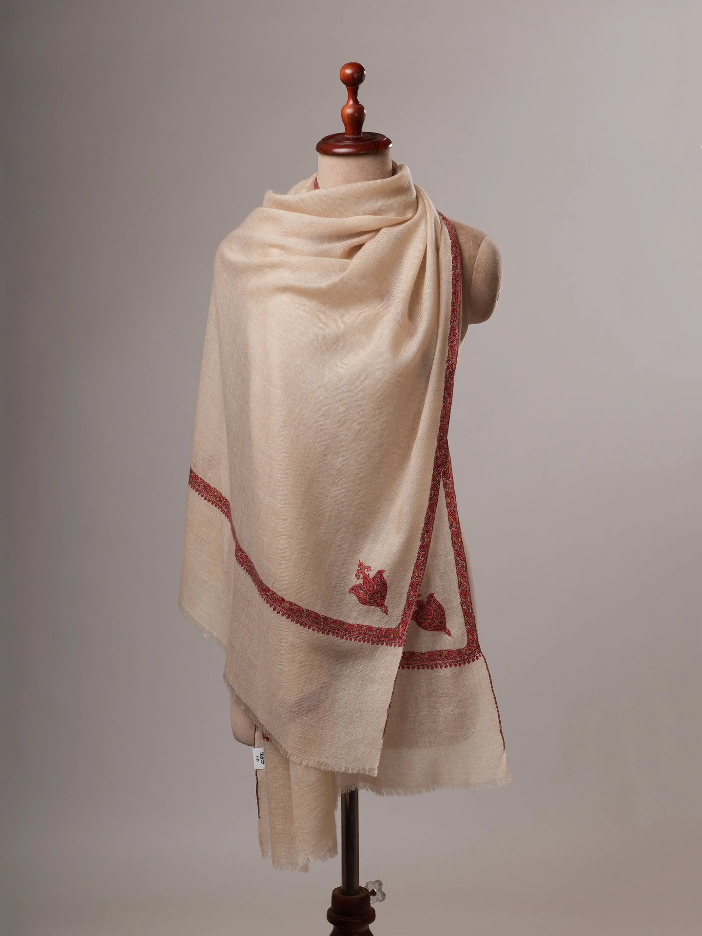 Natural White Cashmere Scarf with Traditional Hashia Hand Embroidery Shahkaar