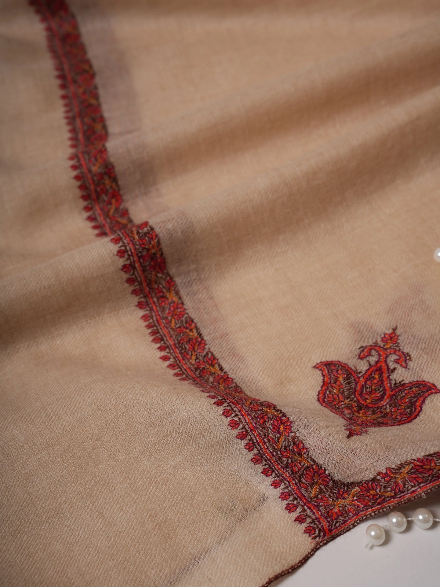 Natural White Cashmere Scarf with Traditional Hashia Hand Embroidery Shahkaar