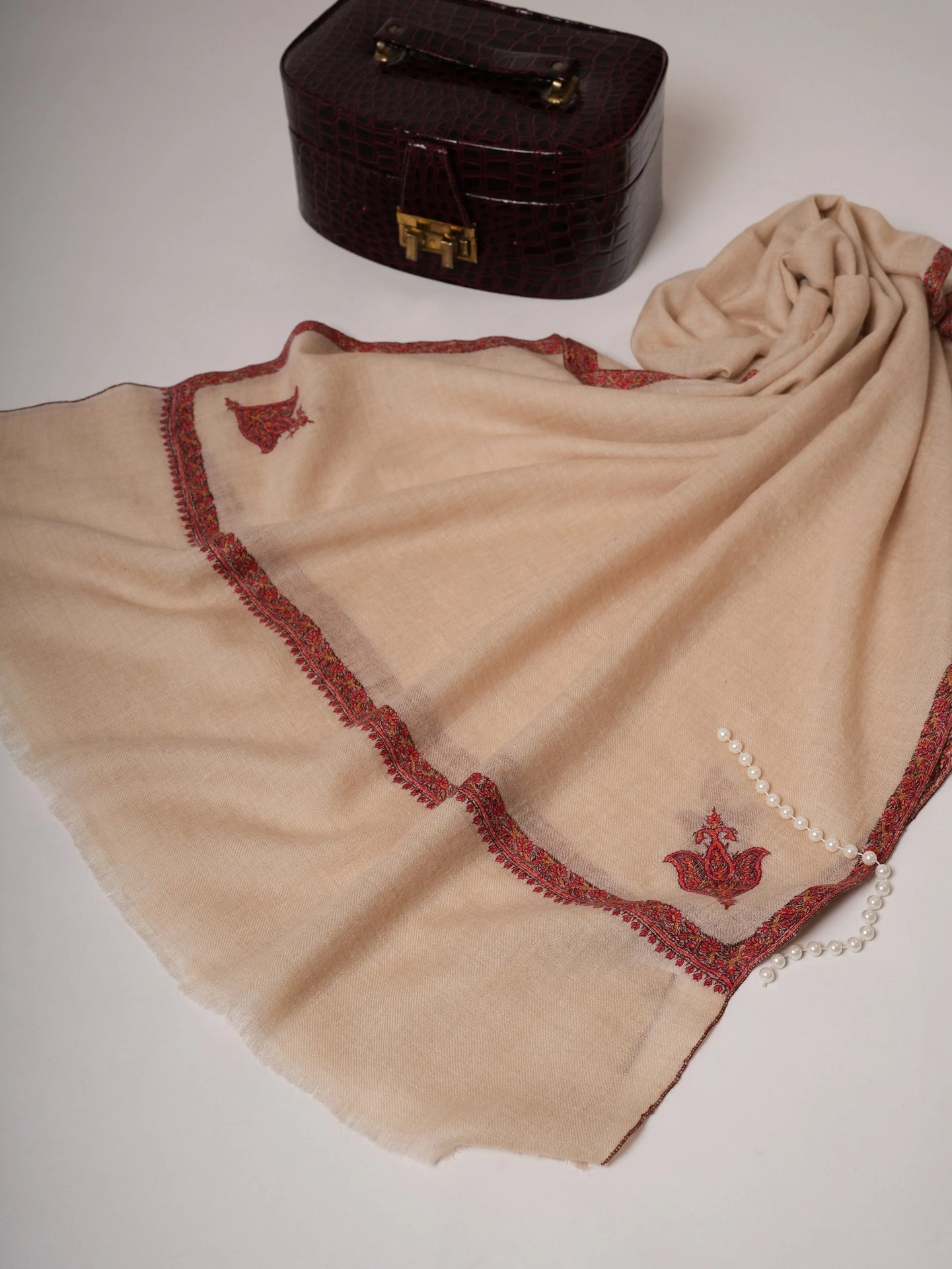 Natural White Cashmere Scarf with Traditional Hashia Hand Embroidery Shahkaar