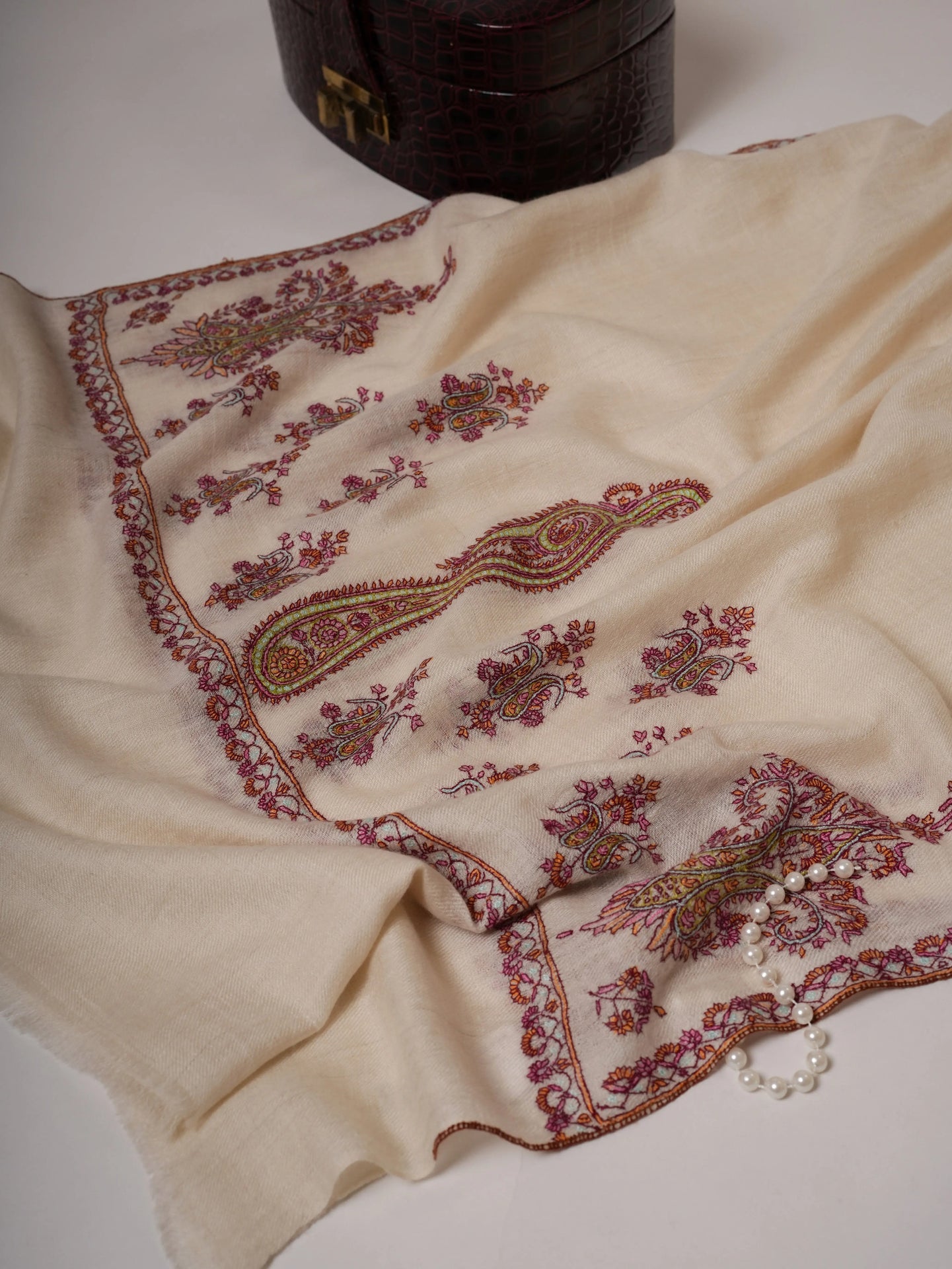 Natural White Hand Embroidered Baby Soft Cashmere Scarf Shahkaar