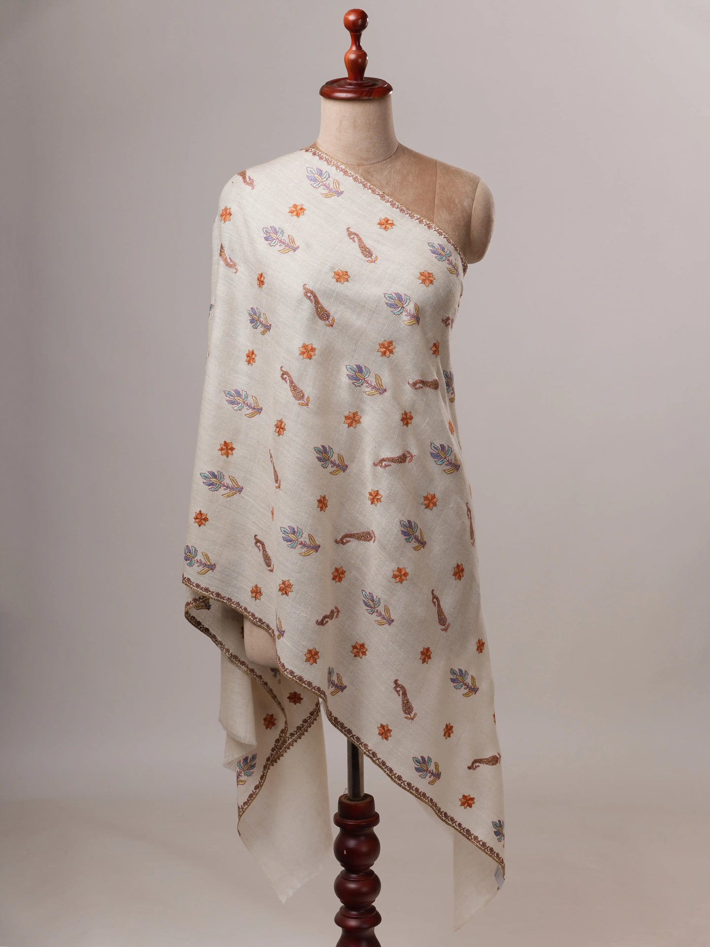 Natural White Indian Cashmere Scarf with All-Over Buteh Hand Embroidery Shahkaar