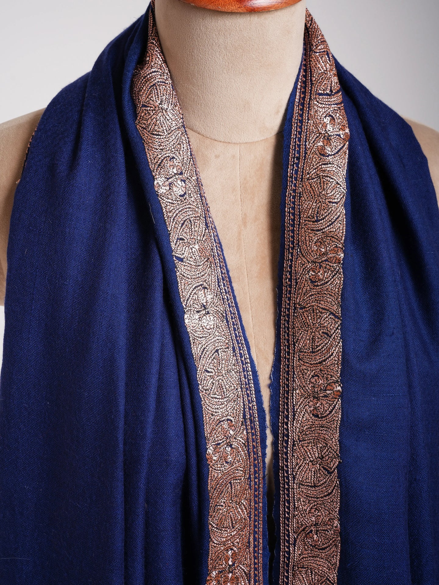 Navy Blue Pashmina Shawl Copper Tilla Work Shahkaar