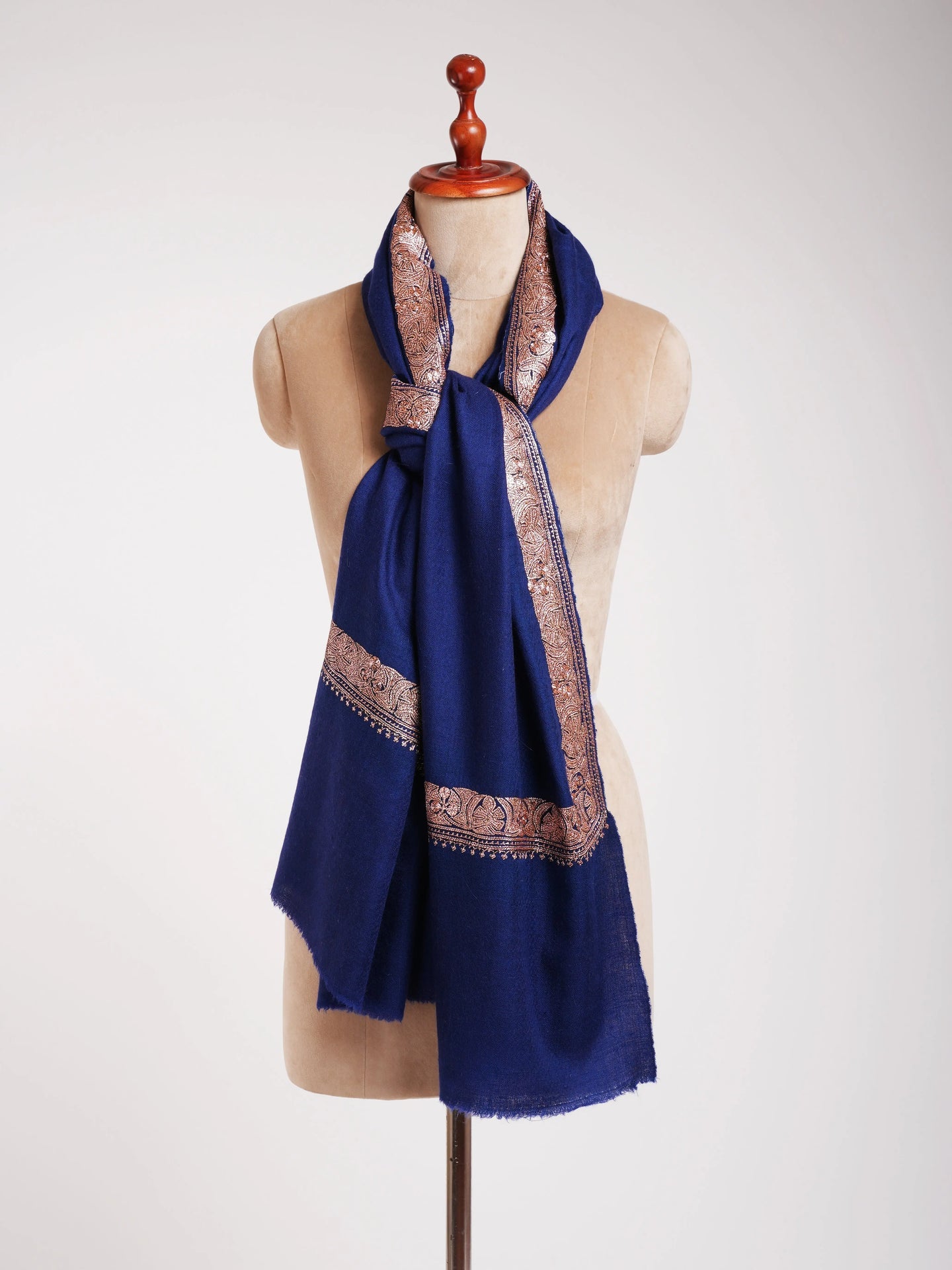 Navy Blue Pashmina Shawl Copper Tilla Work Shahkaar
