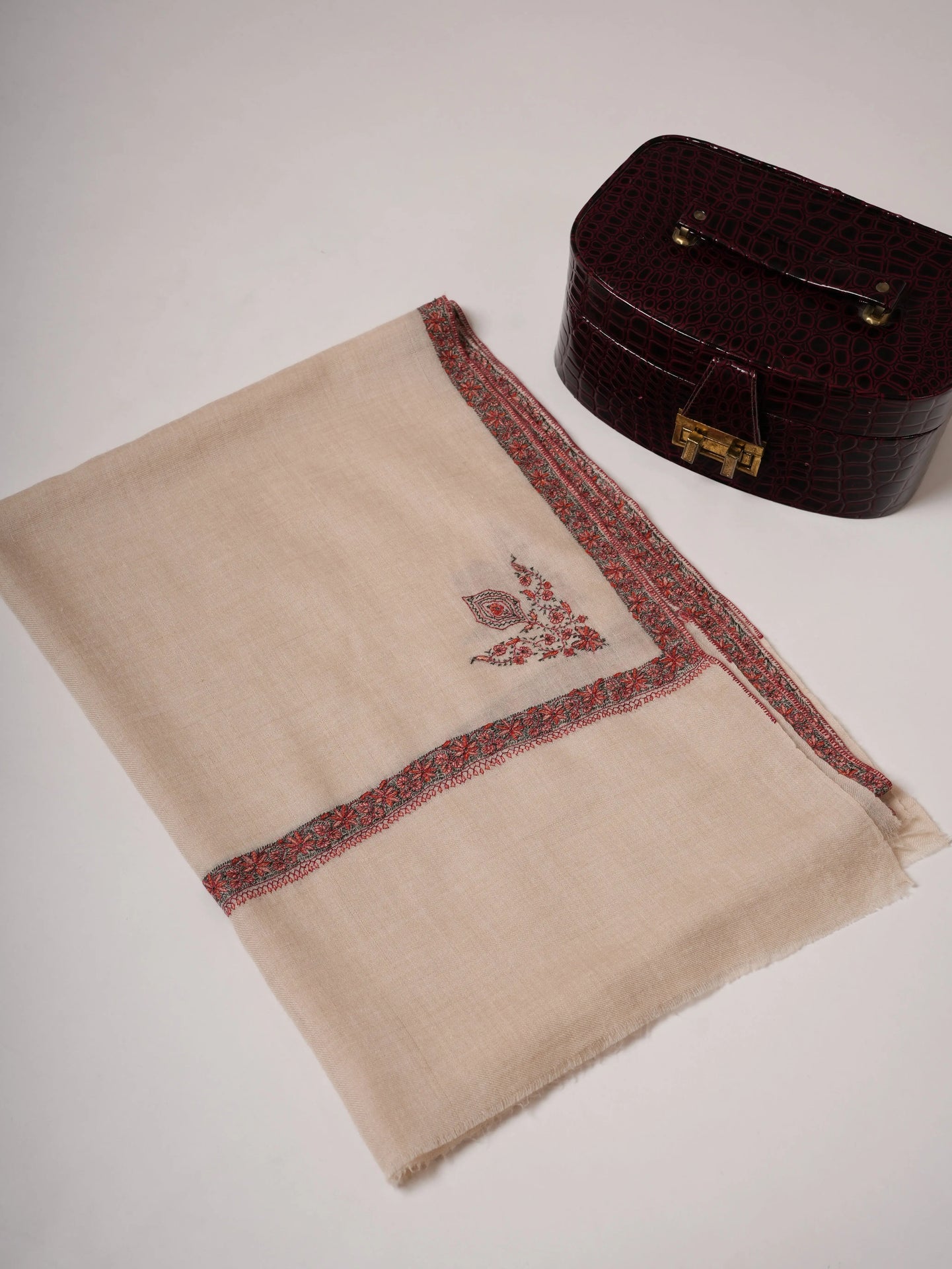 Off White Handwoven Baby Soft Cashmere Scarf with Classic Hashia Embroidery Shahkaar