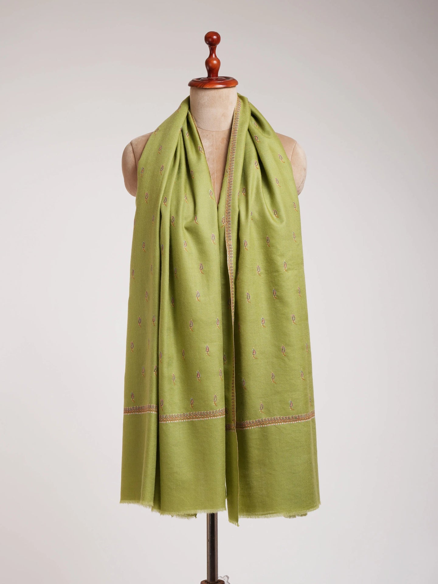 Olive Green Paisley Buteh Silk Embroidered Pashmina Shawl Shahkaar