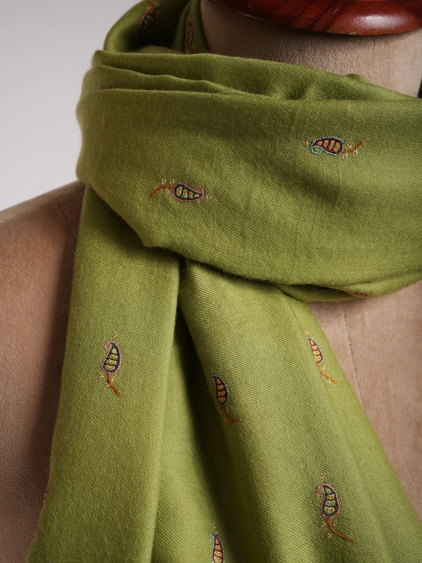 Olive Green Paisley Buteh Silk Embroidered Pashmina Shawl Shahkaar