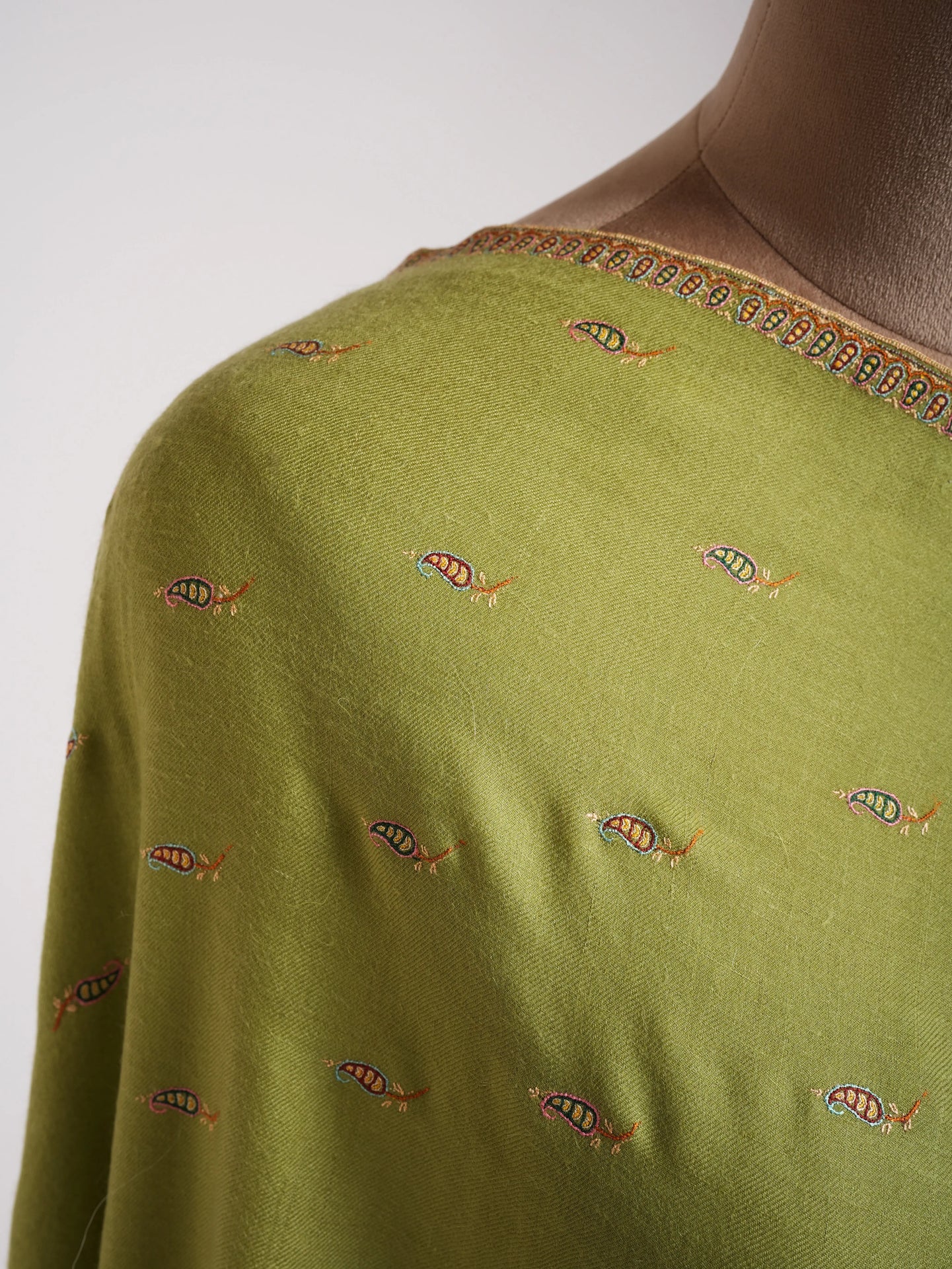 Olive Green Paisley Buteh Silk Embroidered Pashmina Shawl Shahkaar