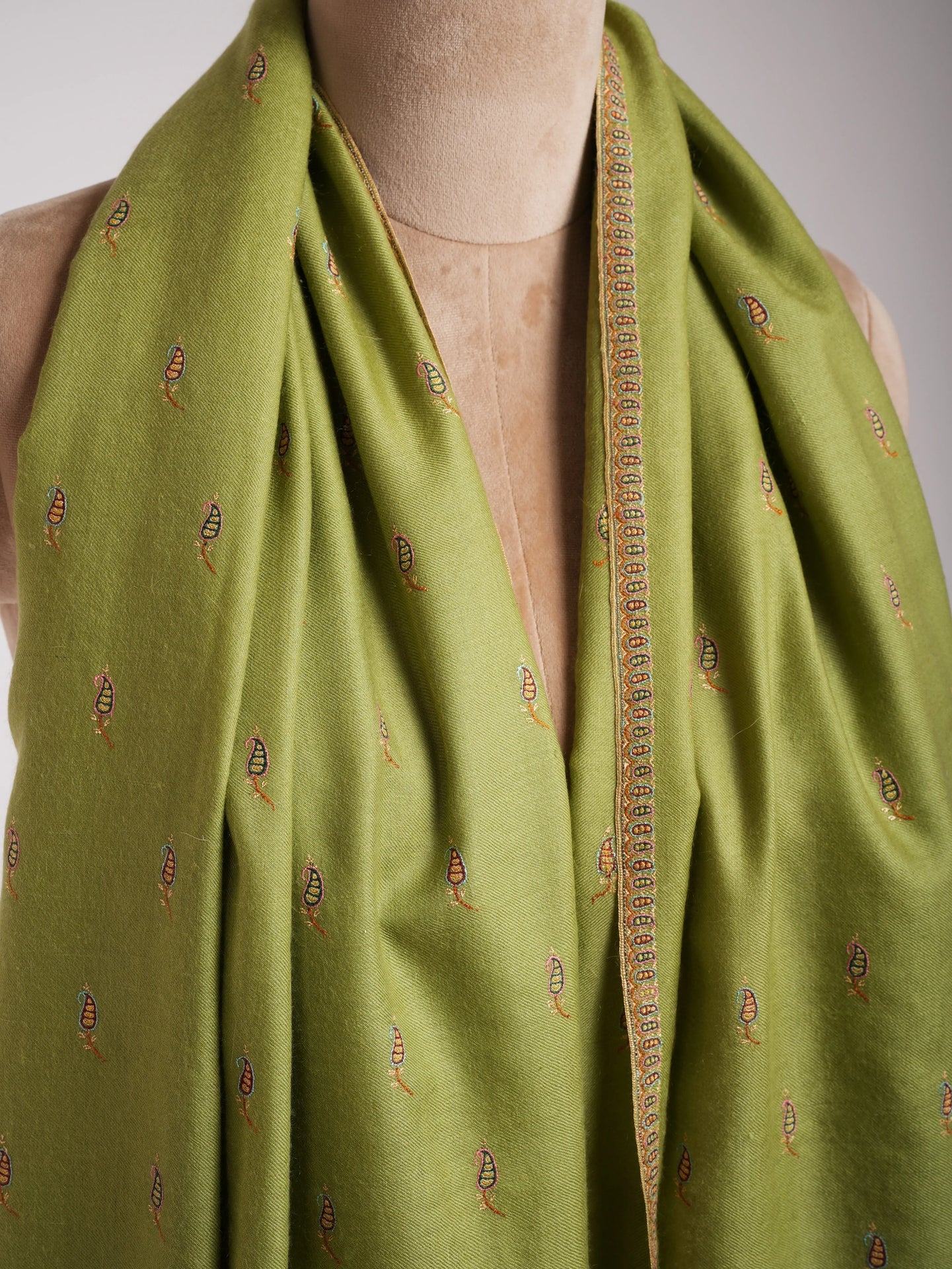 Olive Green Paisley Buteh Silk Embroidered Pashmina Shawl Shahkaar