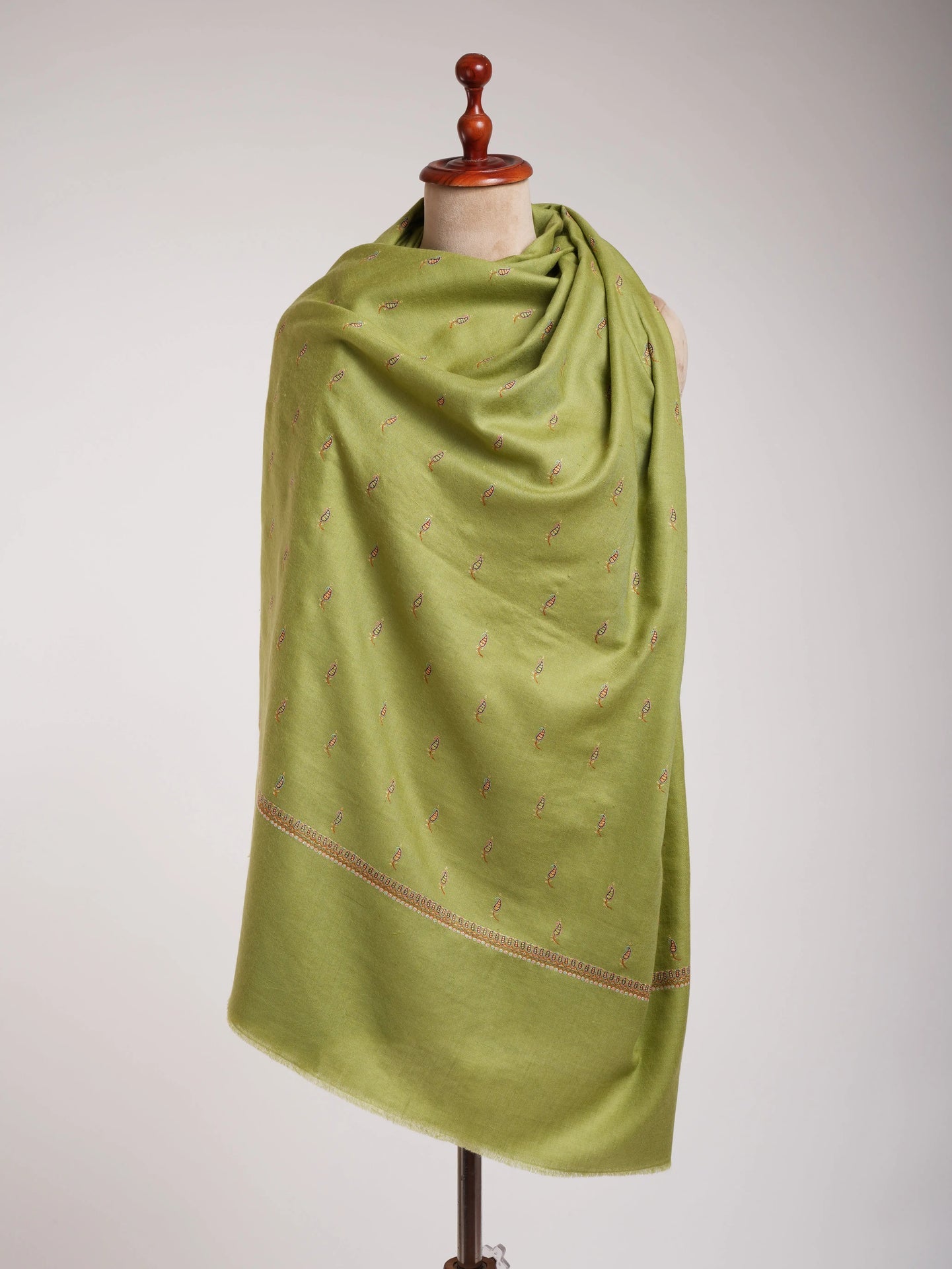 Olive Green Paisley Buteh Silk Embroidered Pashmina Shawl Shahkaar