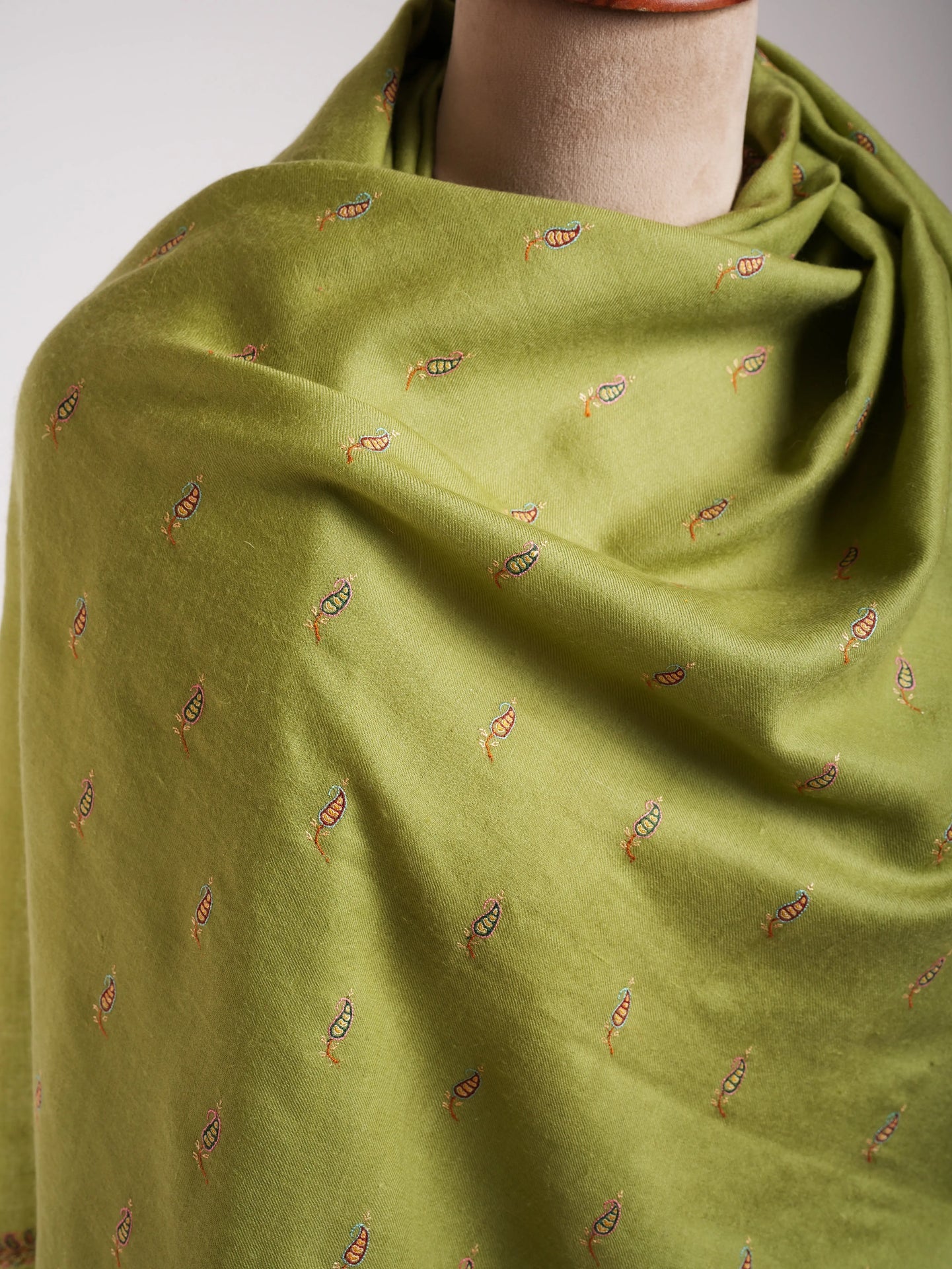 Olive Green Paisley Buteh Silk Embroidered Pashmina Shawl Shahkaar