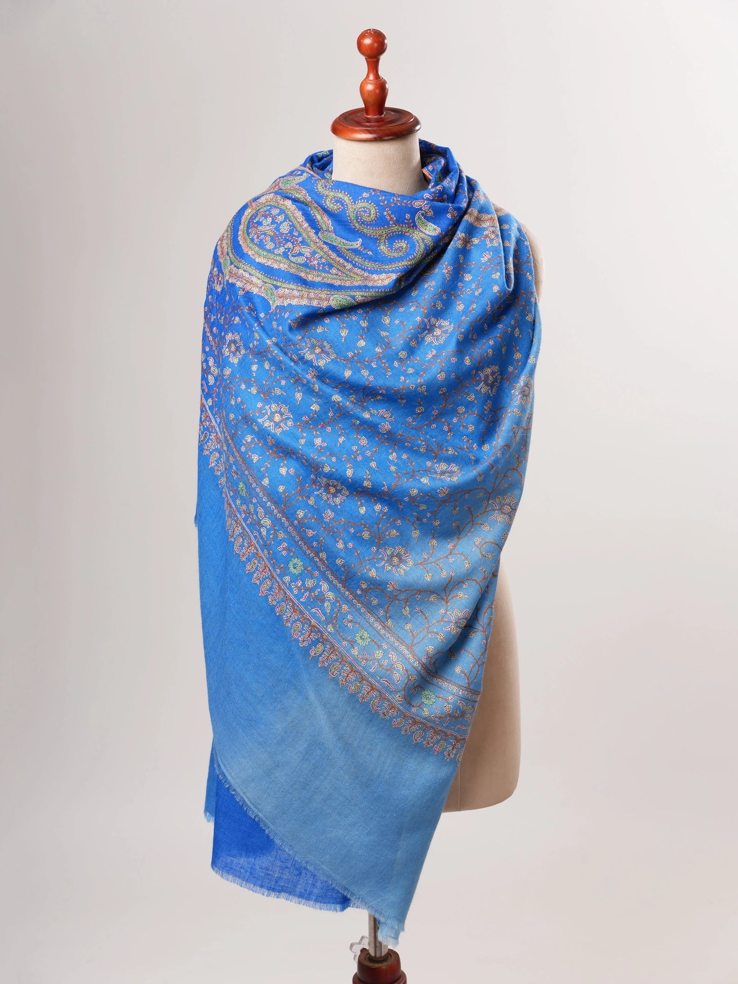 Ombre Blue Pashmina Shawl, Hand Embroided, Hand Woven, Made in Kashmir Shahkaar