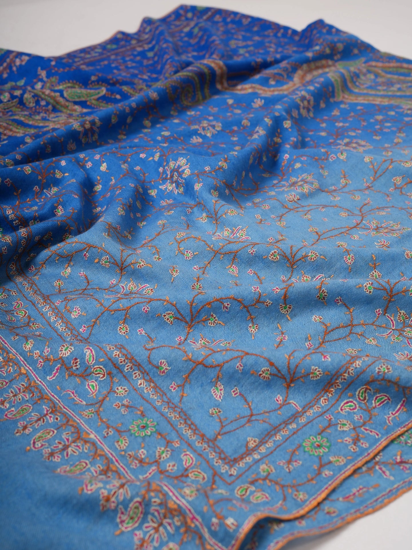 Ombre Blue Pashmina Shawl, Hand Embroided, Hand Woven, Made in Kashmir Shahkaar