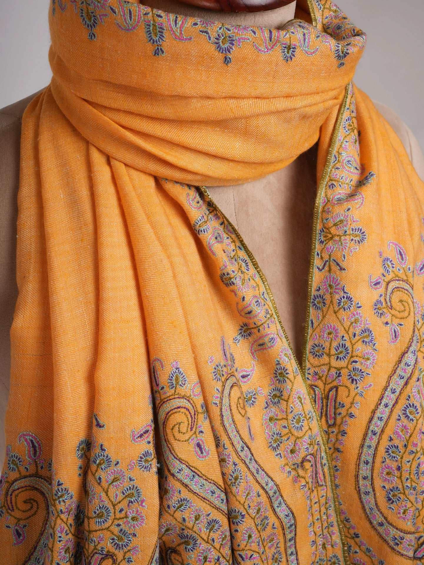 Orange Kashmir Pashmina Shawl with Palla Sozni Embroidery Shahkaar