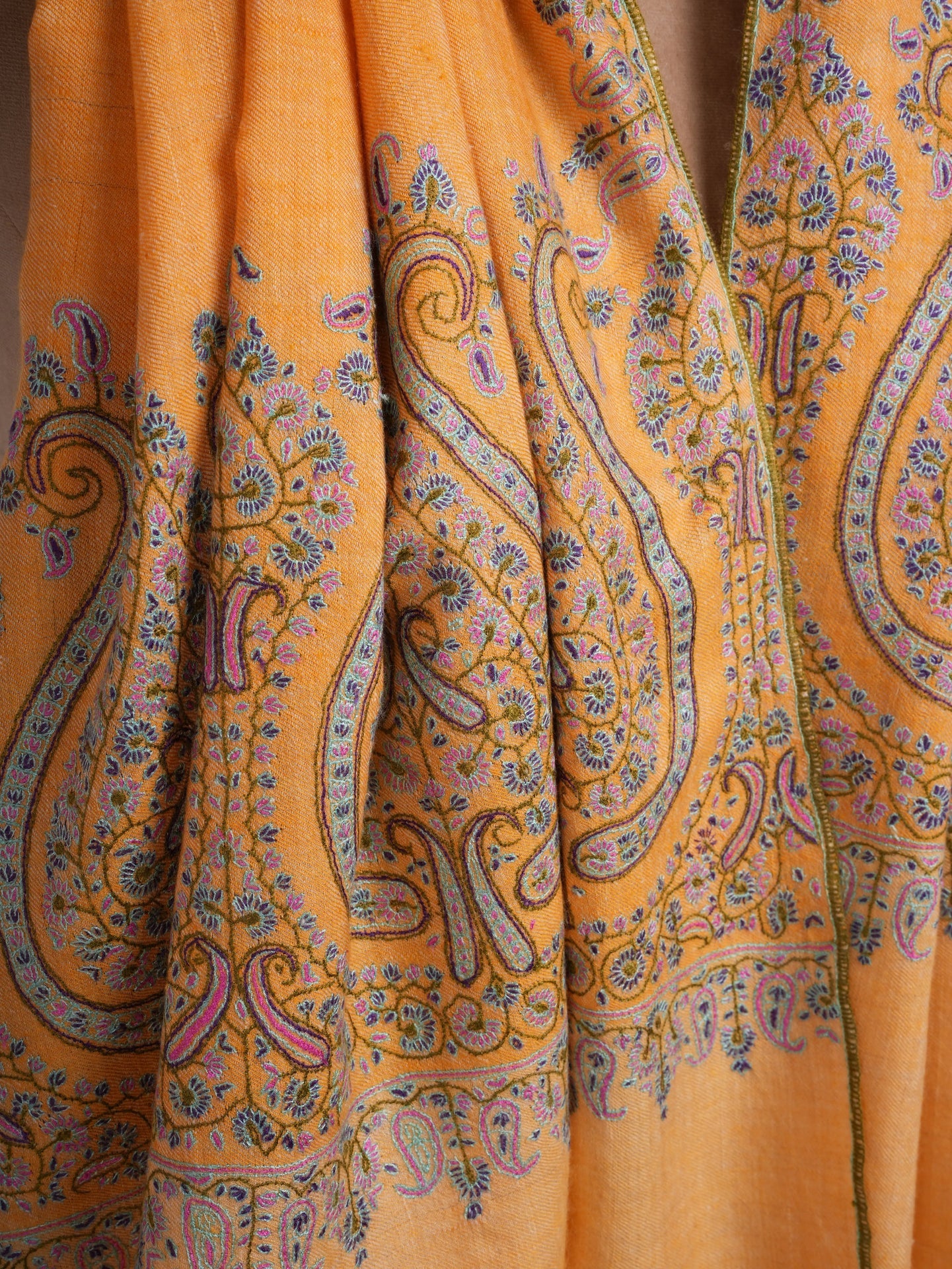 Orange Kashmir Pashmina Shawl with Palla Sozni Embroidery Shahkaar