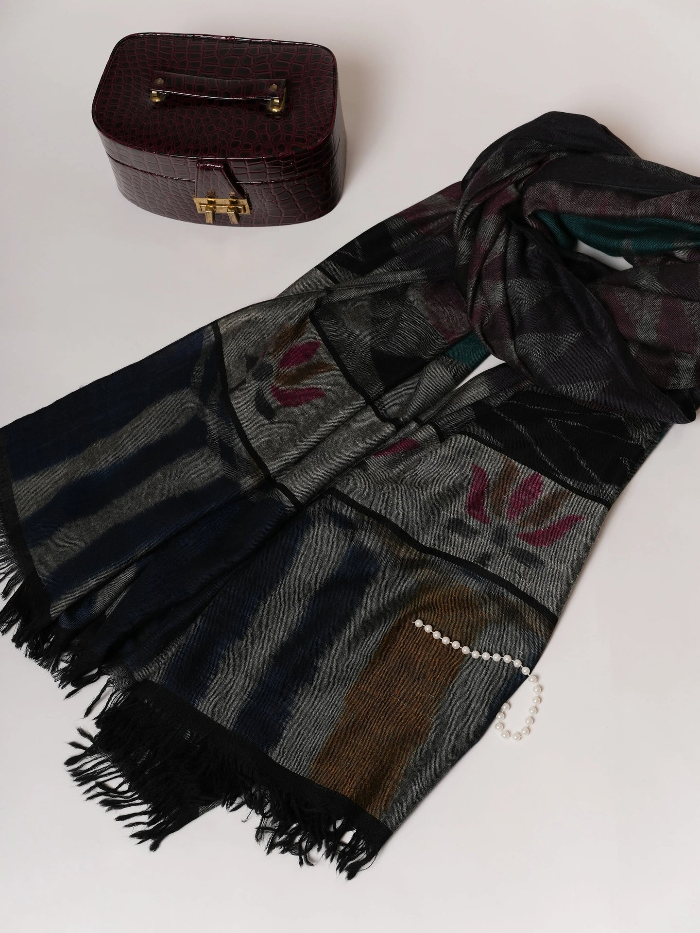 Oversized Black Ikat Handwoven Indian Pashmina Shawl Shahkaar