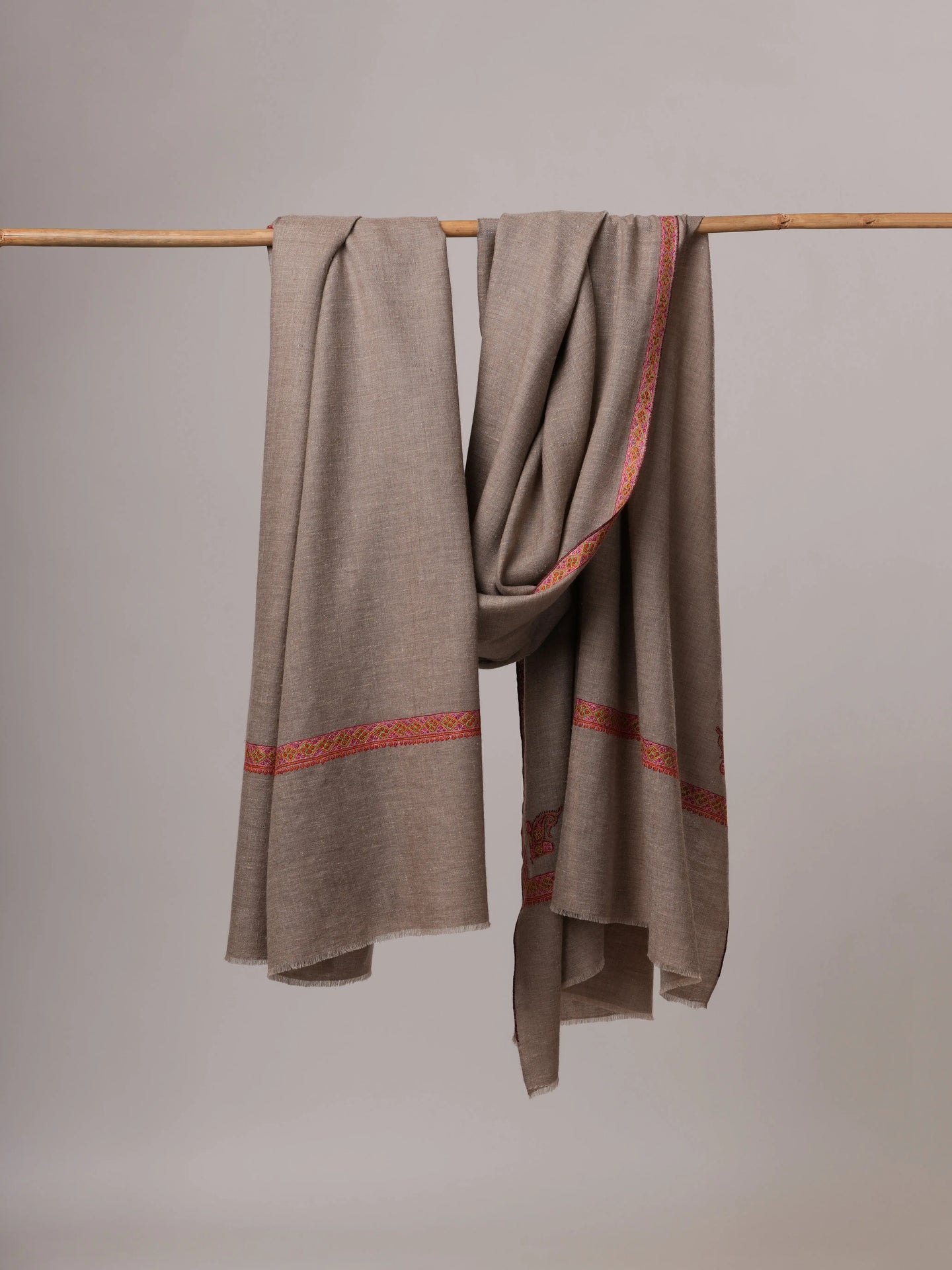 Oversized Natural Grey Hashia Embroidered Baby Soft Pashmina Wrap Shahkaar