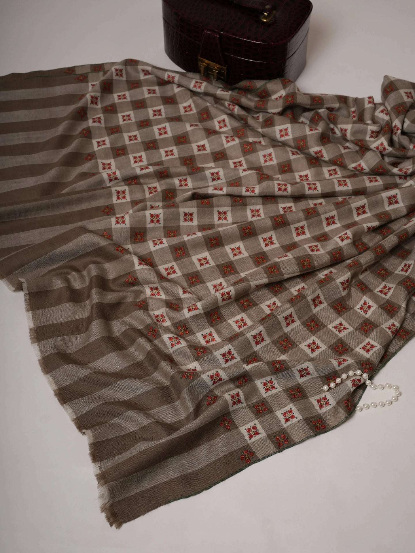 Pashmina Shawl in Natural White and Grey Check Tone with Buteh Embroidery Shahkaar