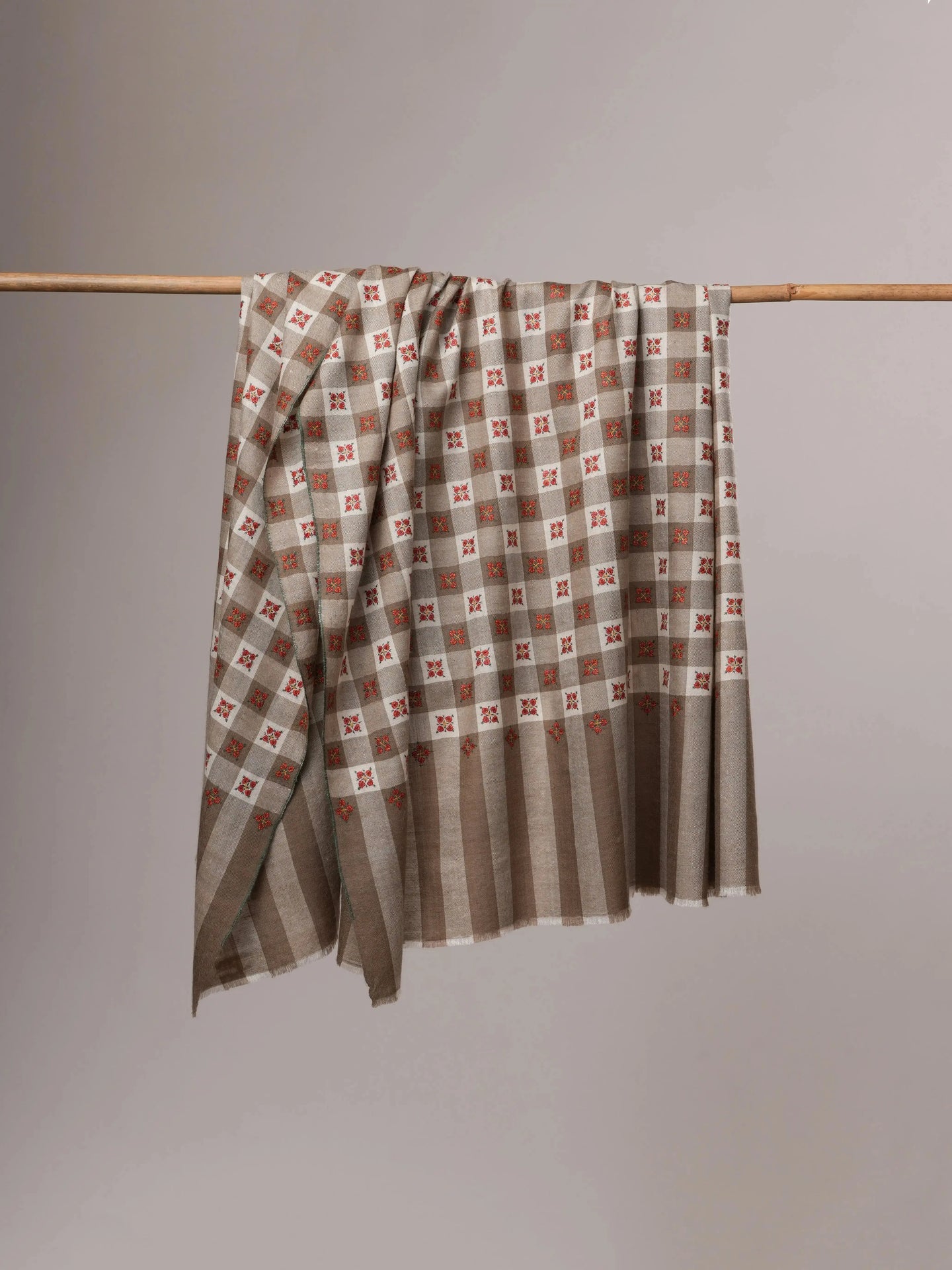 Pashmina Shawl in Natural White and Grey Check Tone with Buteh Embroidery Shahkaar
