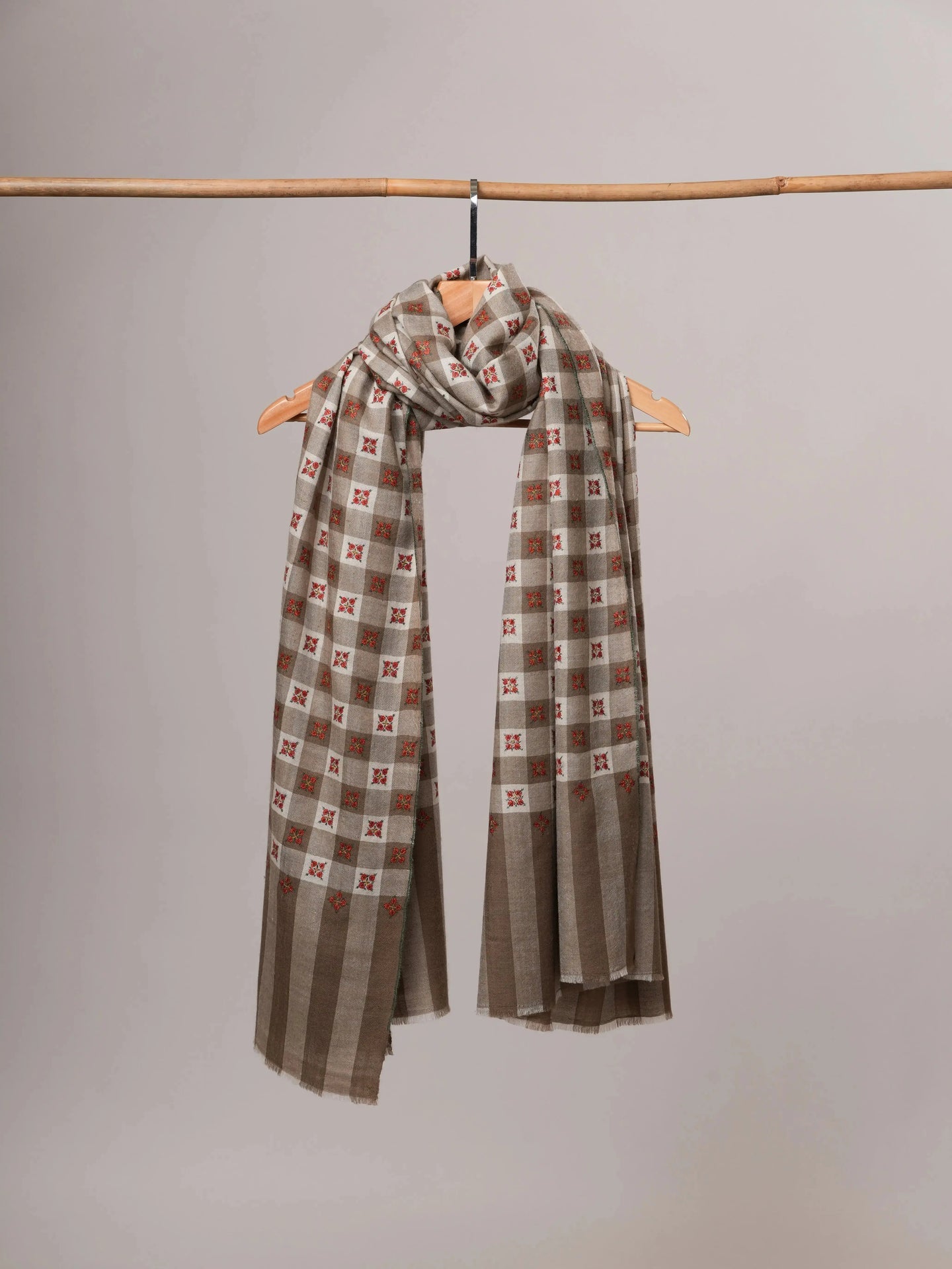 Pashmina Shawl in Natural White and Grey Check Tone with Buteh Embroidery Shahkaar