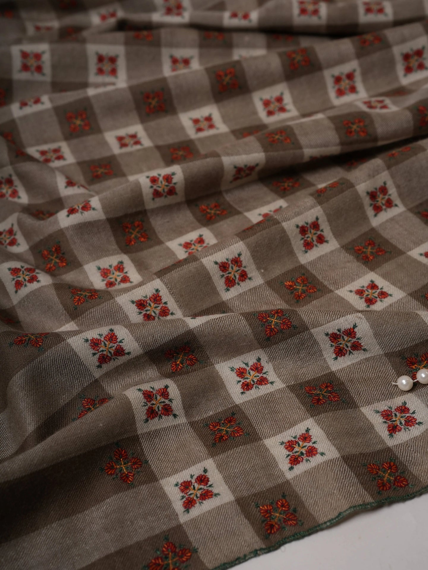 Pashmina Shawl in Natural White and Grey Check Tone with Buteh Embroidery Shahkaar