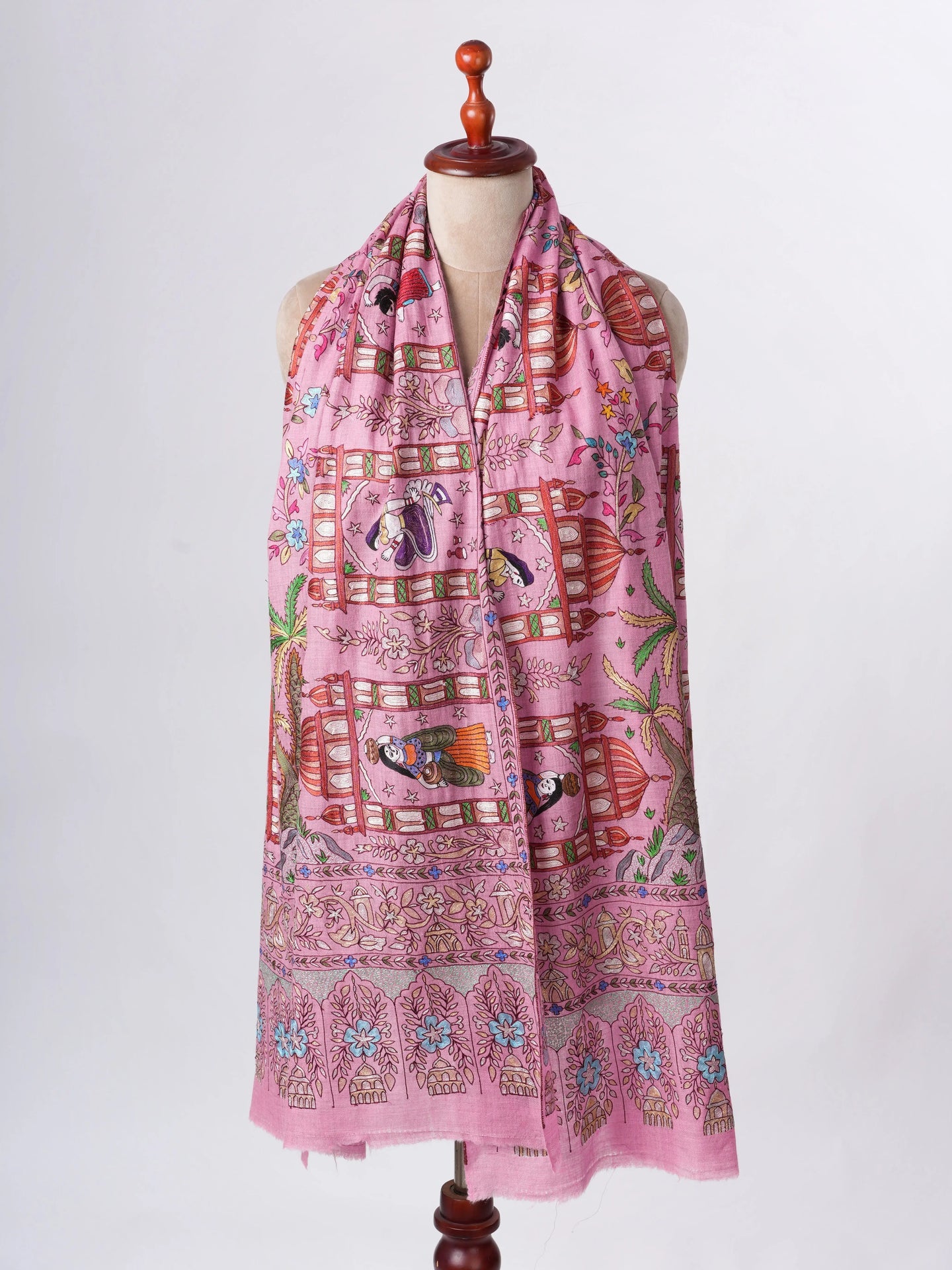 Pink Hand Embroidered Cashmere Scarf – Art Silk Zari Detailing Shahkaar