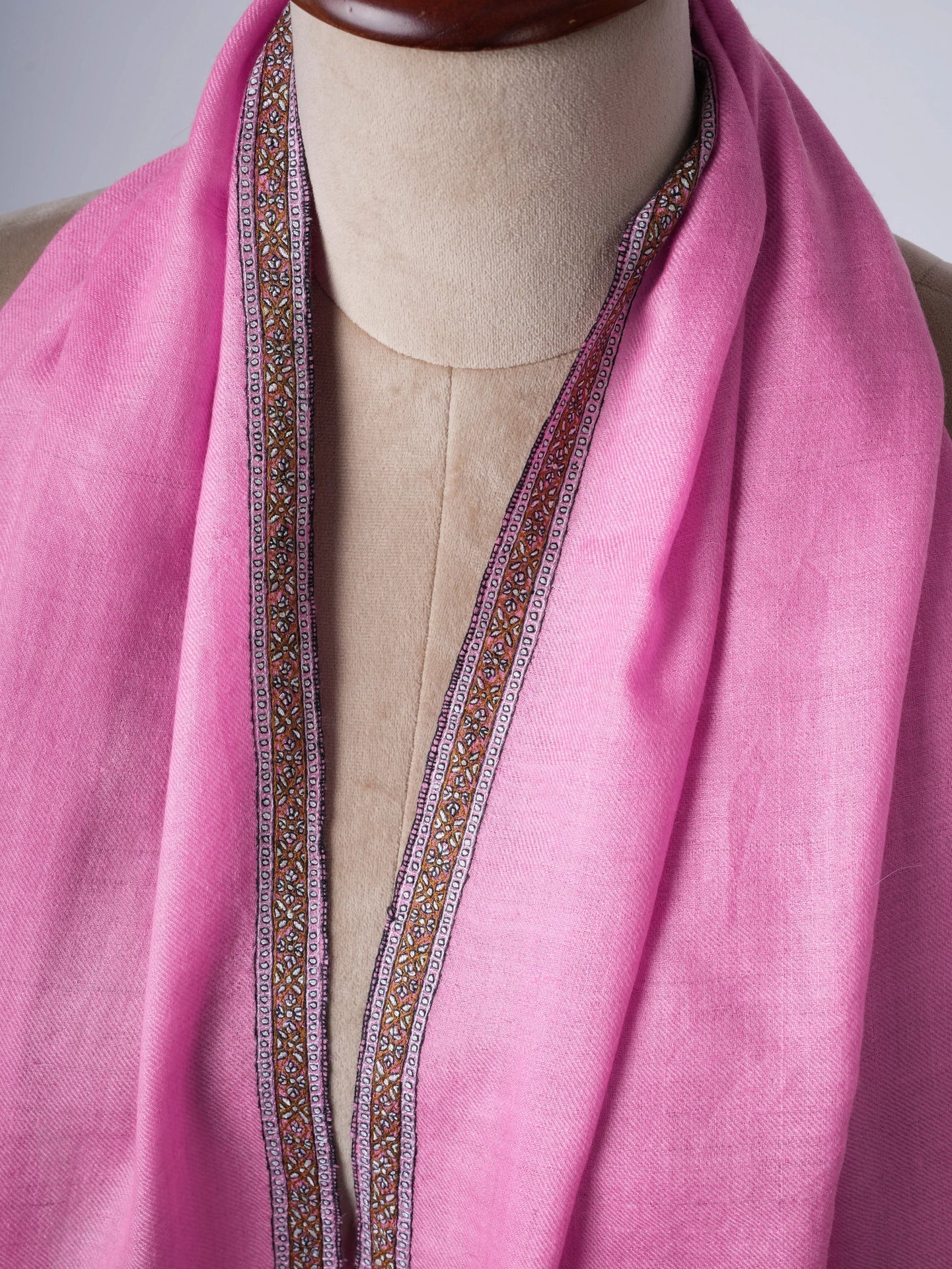 Pink Hashia Border Hand Embroidered Baby Soft Pure Cashmere Scarf Shahkaar