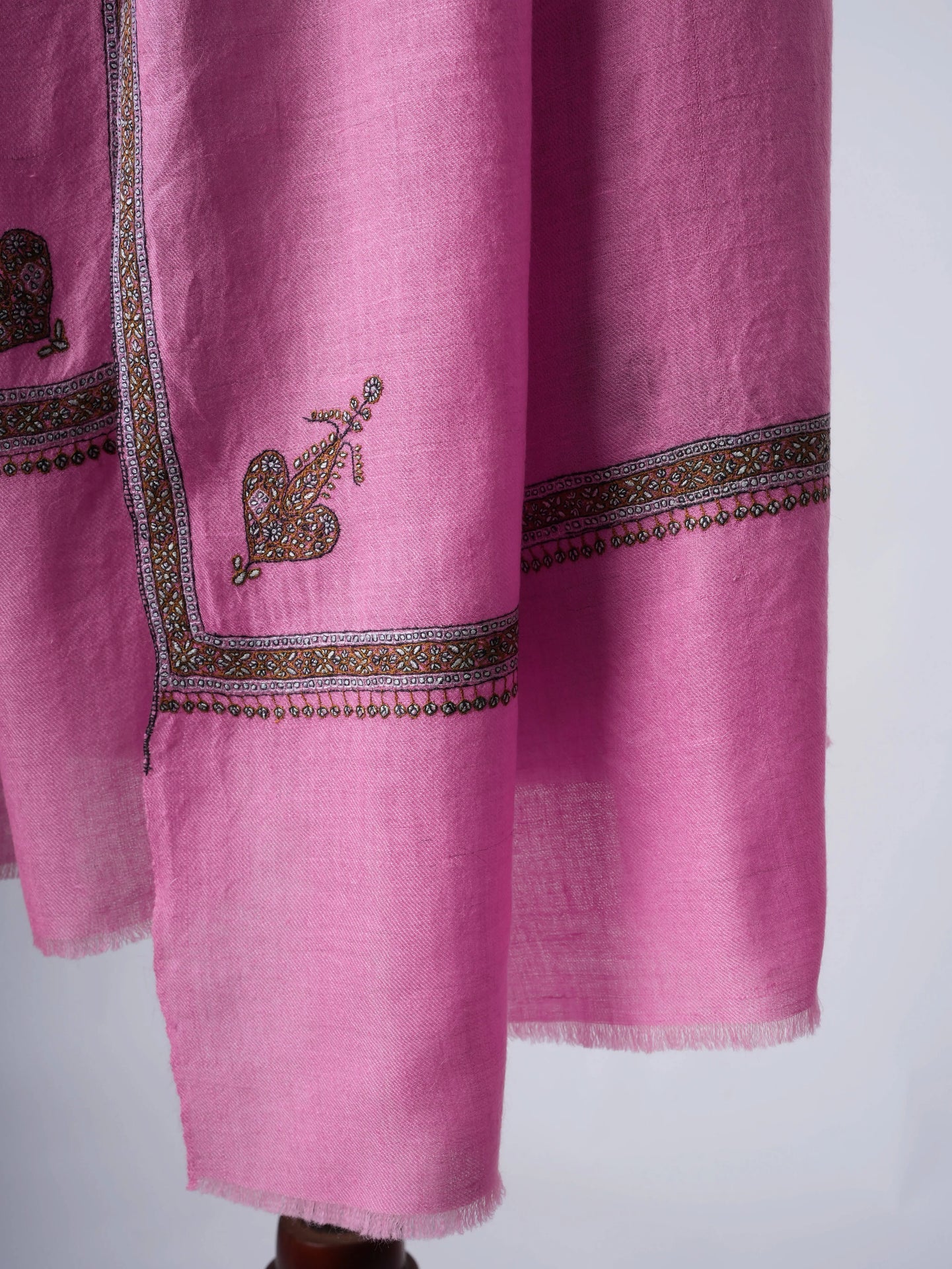 Pink Hashia Border Hand Embroidered Baby Soft Pure Cashmere Scarf Shahkaar