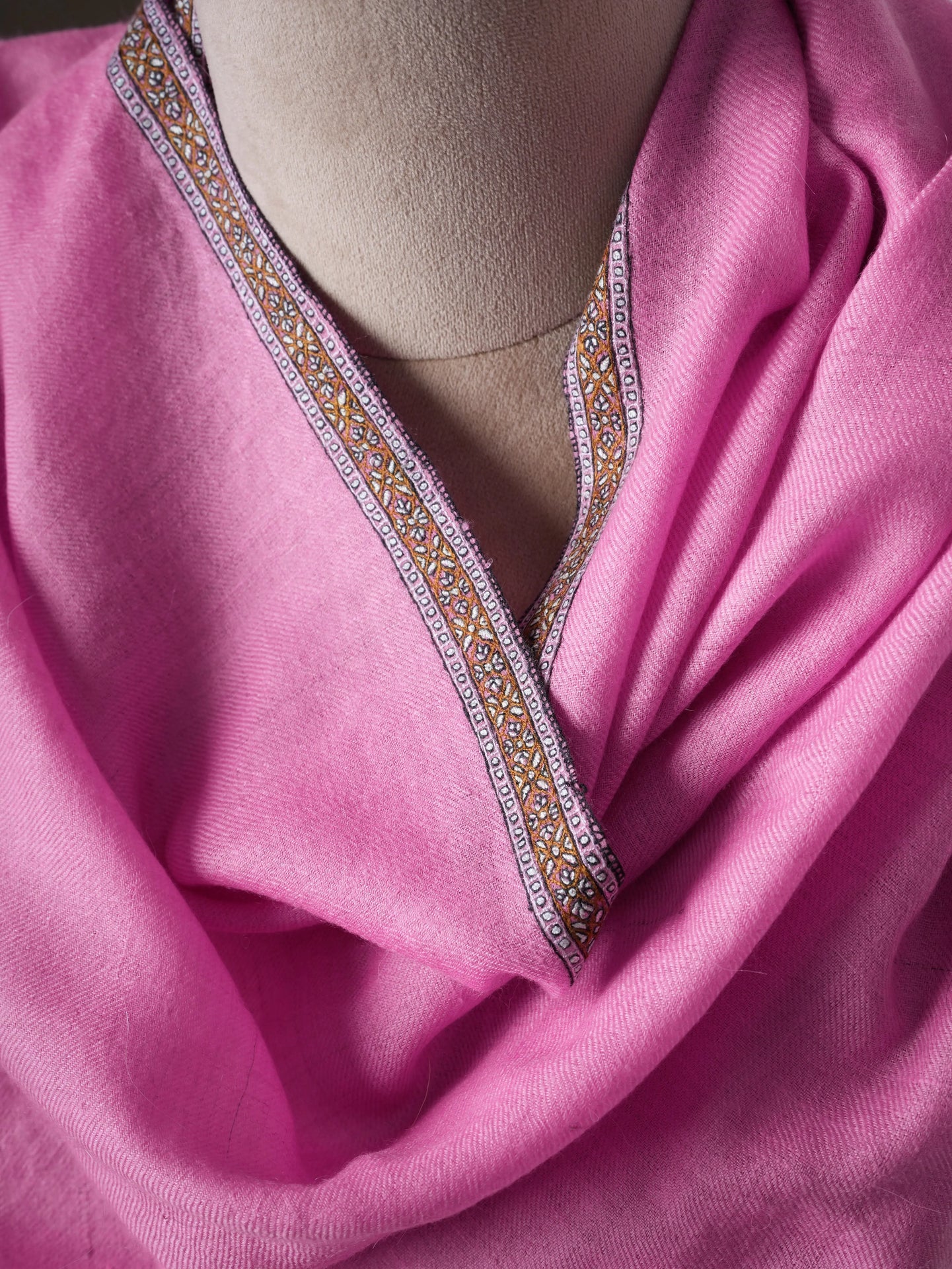 Pink Hashia Border Hand Embroidered Baby Soft Pure Cashmere Scarf Shahkaar