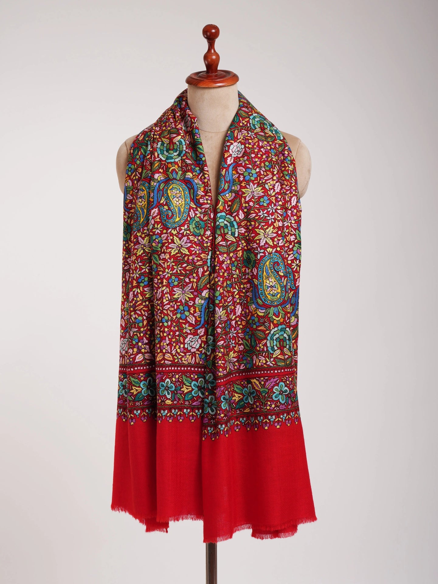 Red Orange Hand Embroidered Kashmiri Pashmina Jamavar Shawl Shahkaar