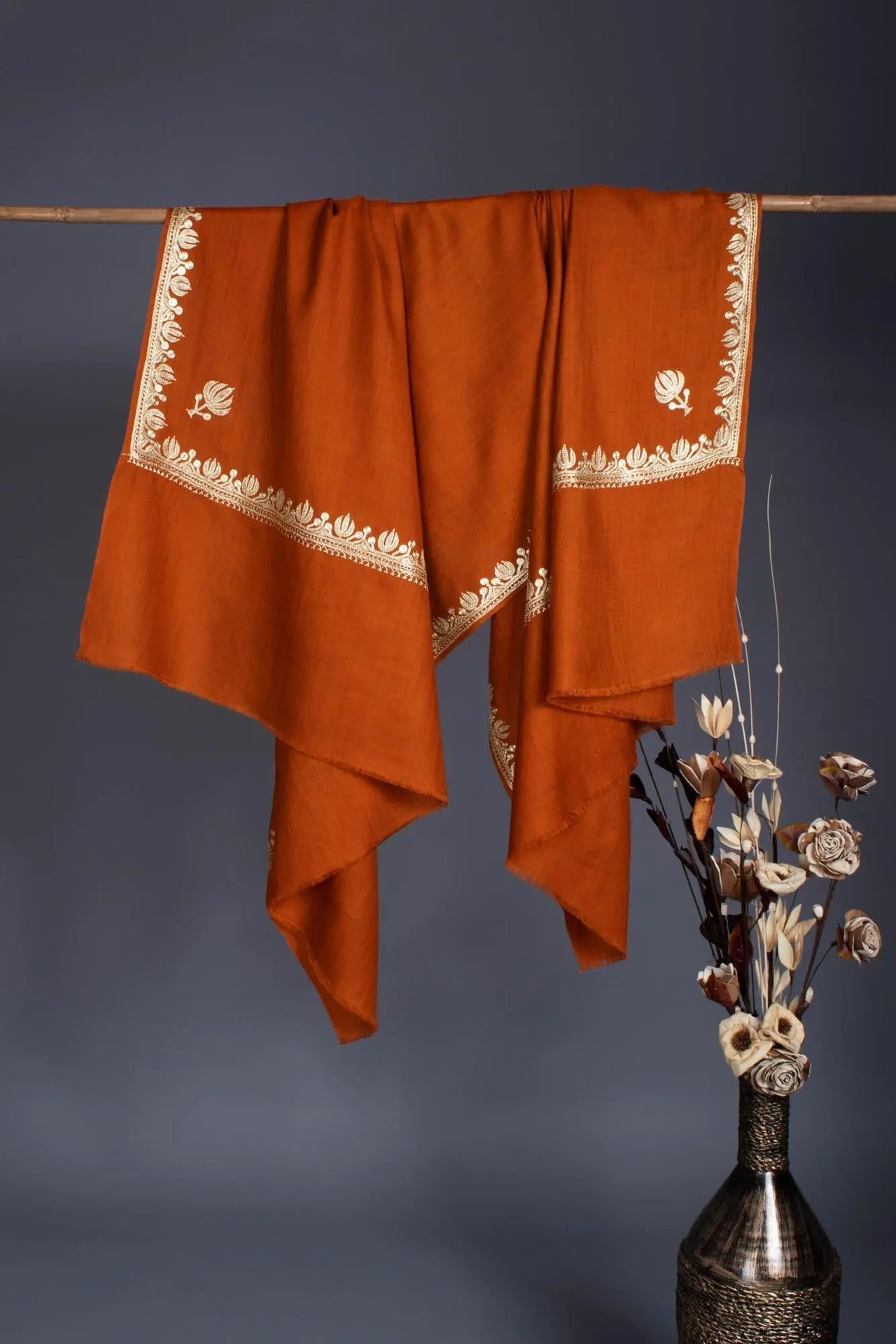 Rust Pashmina Wrap adorned with a Lotus Motif Tilla - BHANDARIA Shahkaar