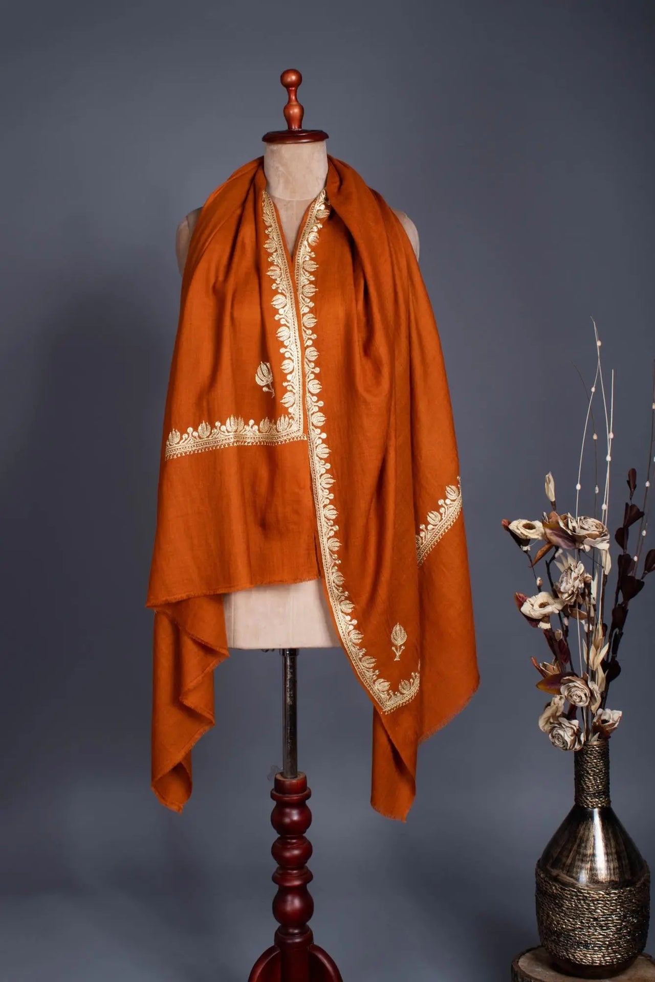 Rust Pashmina Wrap adorned with a Lotus Motif Tilla - BHANDARIA Shahkaar