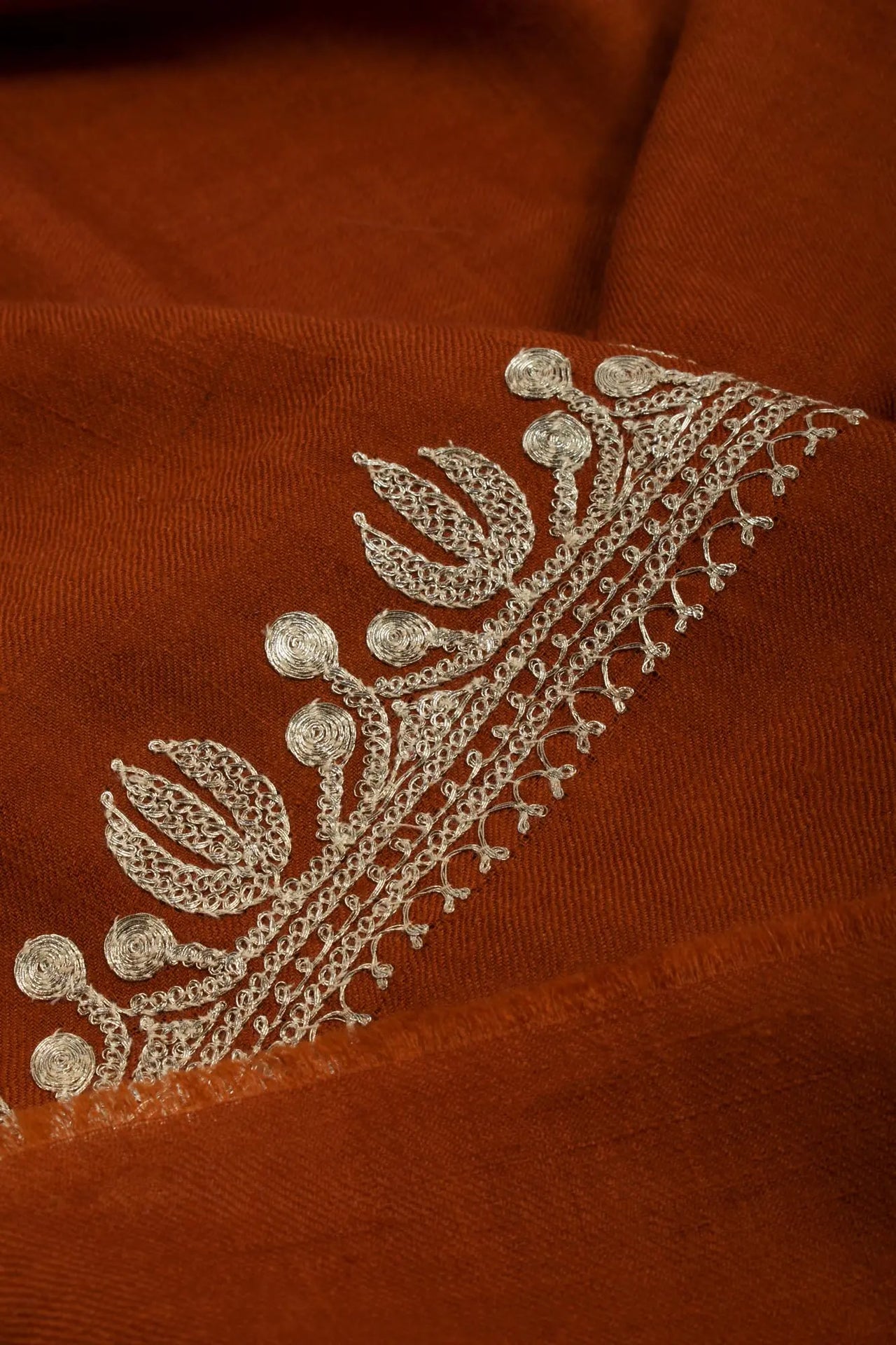 Rust Pashmina Wrap adorned with a Lotus Motif Tilla - BHANDARIA Shahkaar