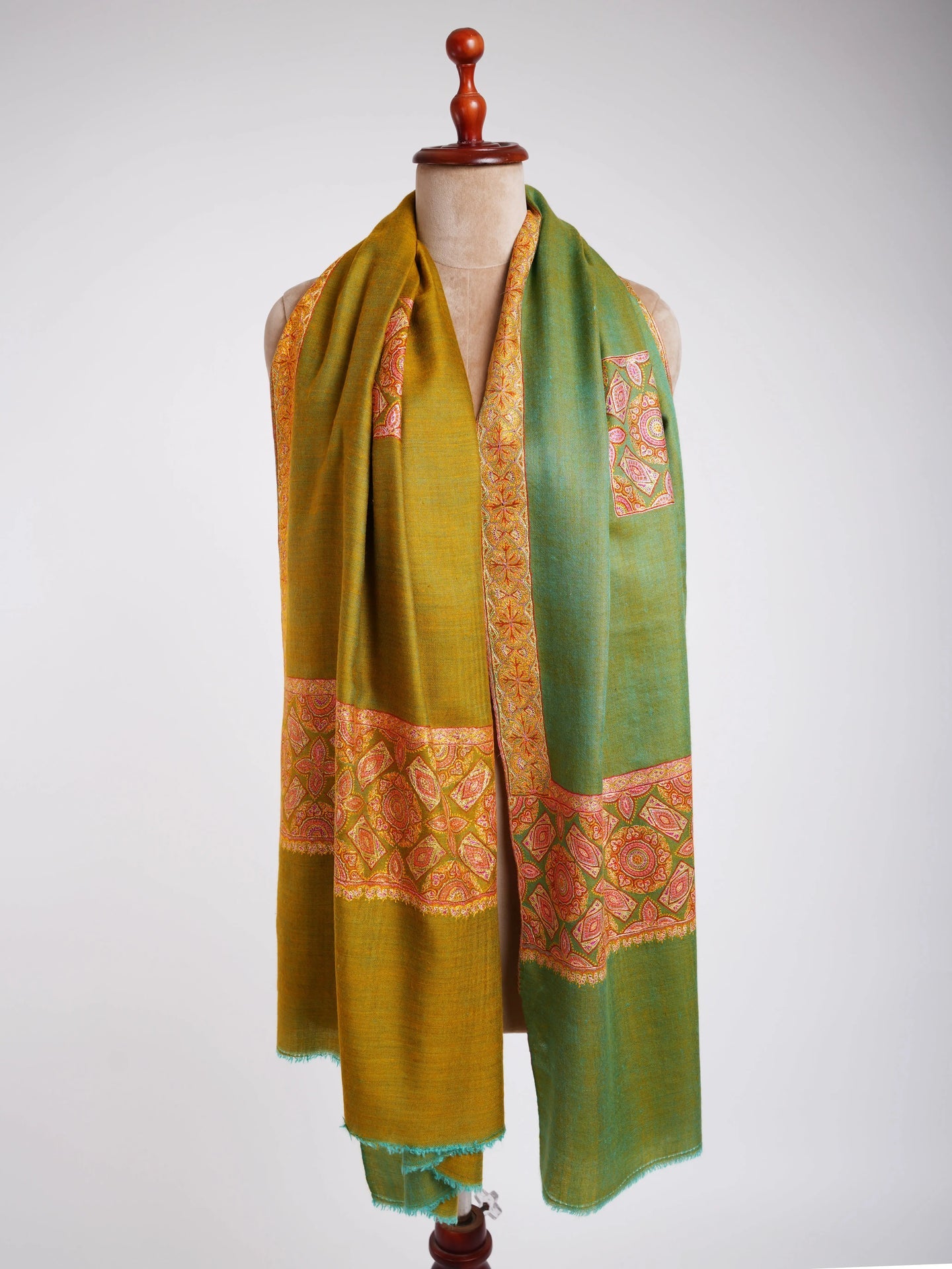 Silk Sozni Dorukha Pashmina Shawl Green Shahkaar
