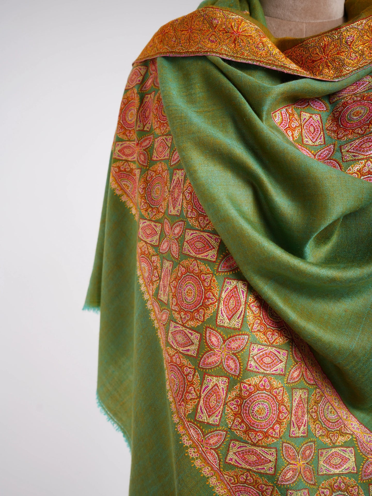 Silk Sozni Dorukha Pashmina Shawl Green Shahkaar