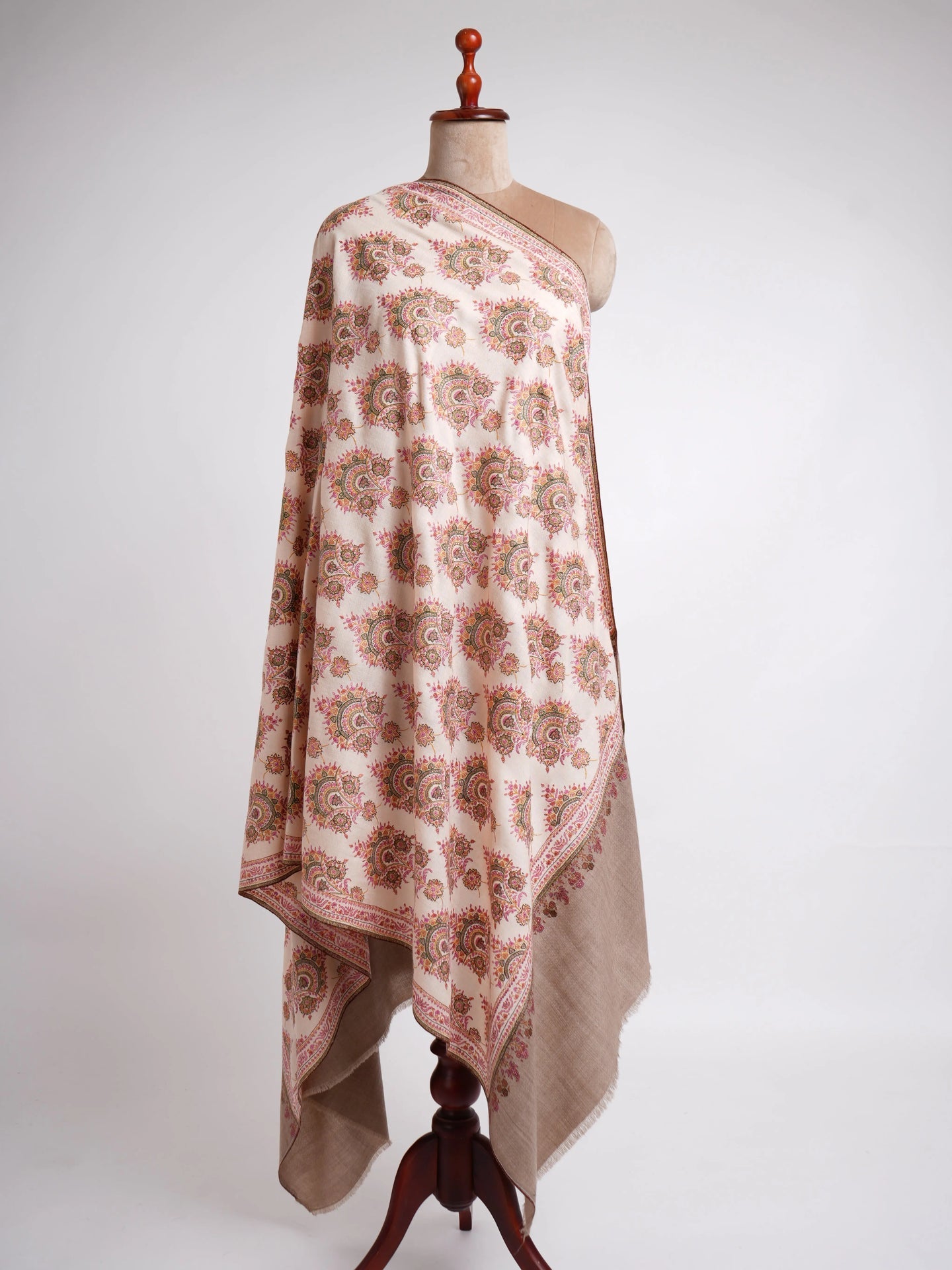 Silk Sozni Hand Embroidered Butah Pashmina Shawl Natural Shahkaar