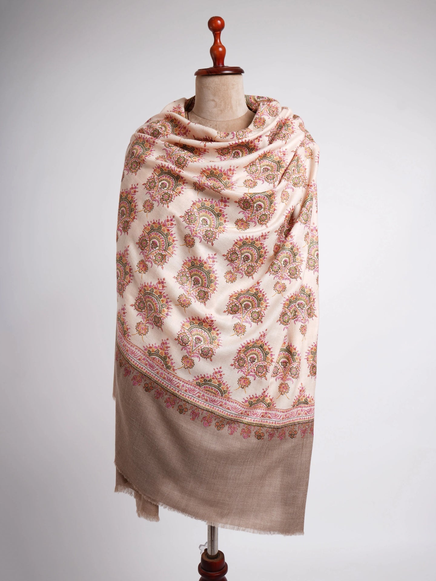 Silk Sozni Hand Embroidered Butah Pashmina Shawl Natural Shahkaar