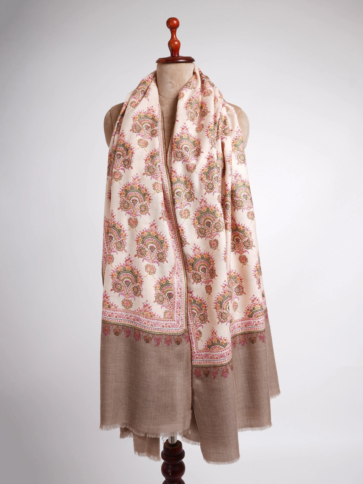 Silk Sozni Hand Embroidered Butah Pashmina Shawl Natural Shahkaar